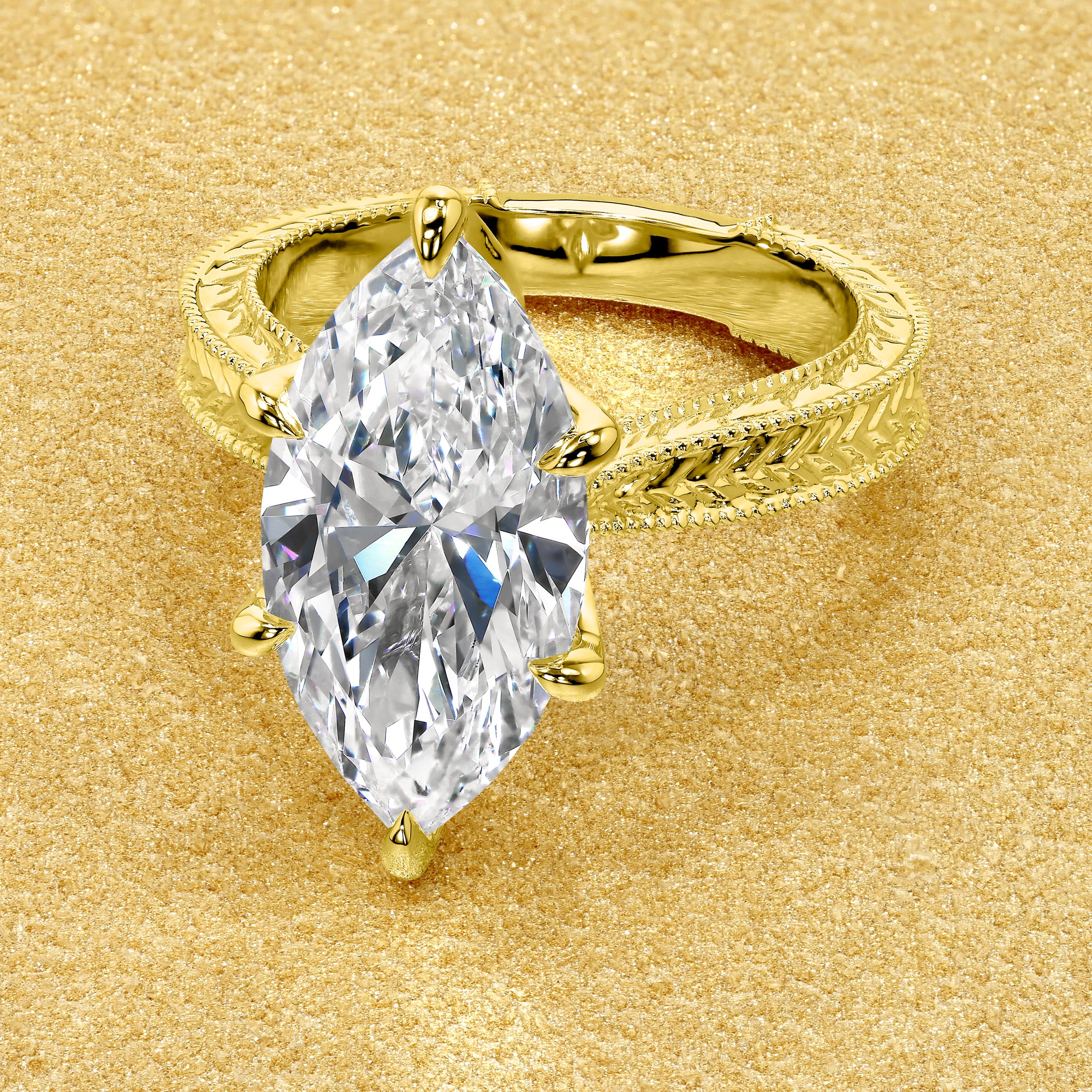 Classic Elizabeth 4ct Marquise Brilliant-Cut Lab-Grown Diamond Engraved Vintage-Inspired Tulip Engagement Ring in 14K Gold, 18K Gold, or Platinum by Earthena Jewelry of Beverly Hills.