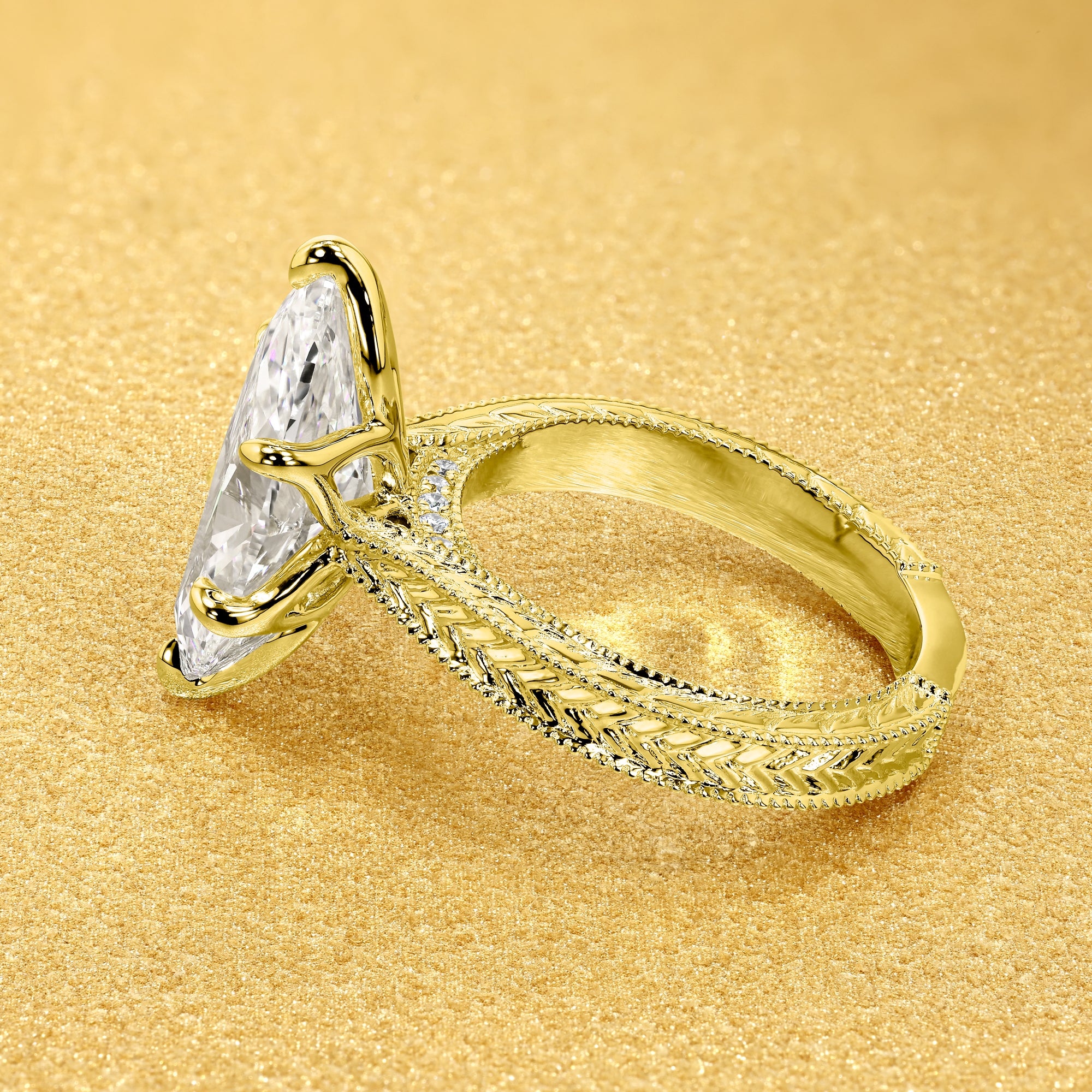 Classic Elizabeth 4ct Marquise Brilliant-Cut Lab-Grown Diamond Engraved Vintage-Inspired Tulip Engagement Ring in 14K Gold, 18K Gold, or Platinum by Earthena Jewelry of Beverly Hills.