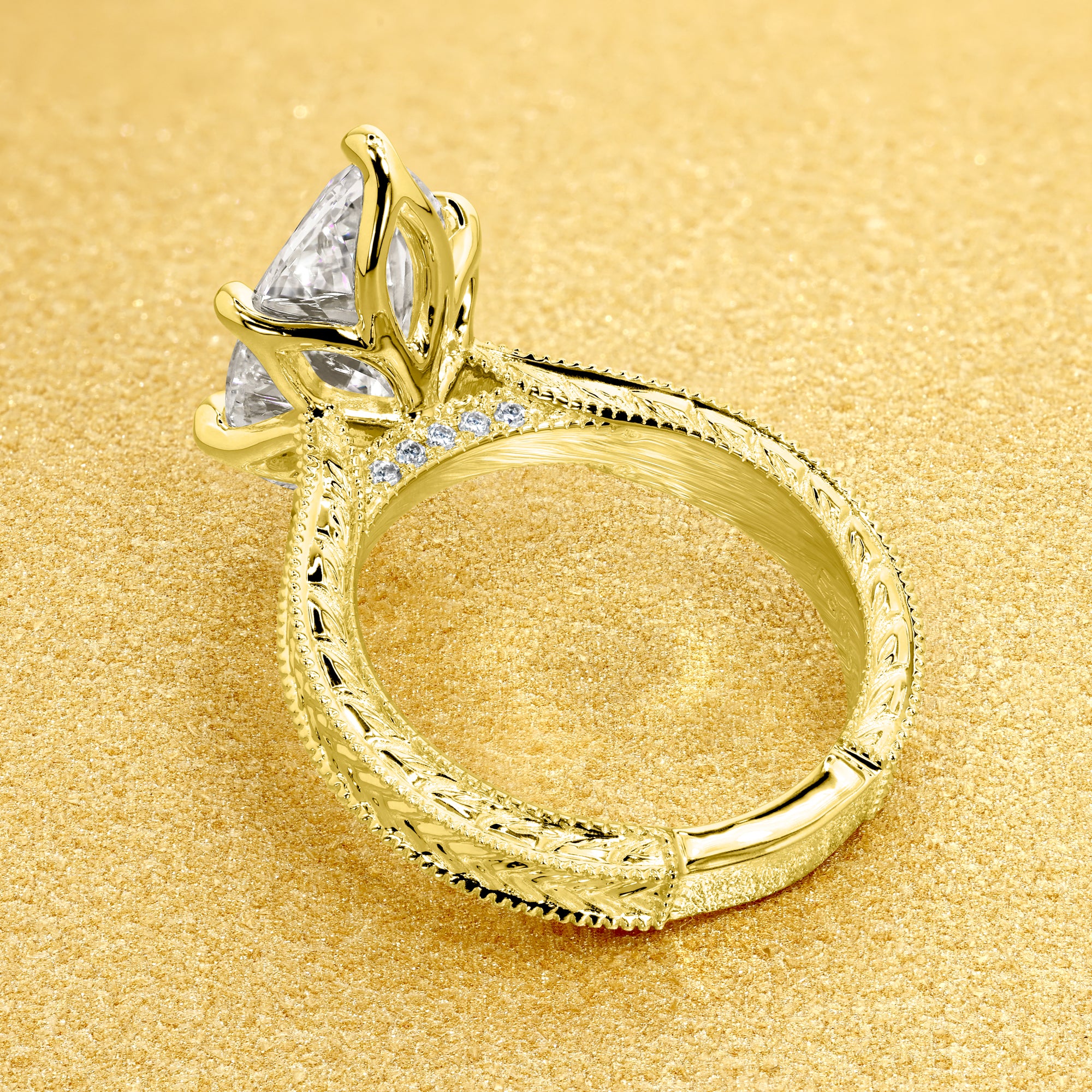 Classic Elizabeth 4ct Marquise Brilliant-Cut Lab-Grown Diamond Engraved Vintage-Inspired Tulip Engagement Ring in 14K Gold, 18K Gold, or Platinum by Earthena Jewelry of Beverly Hills.