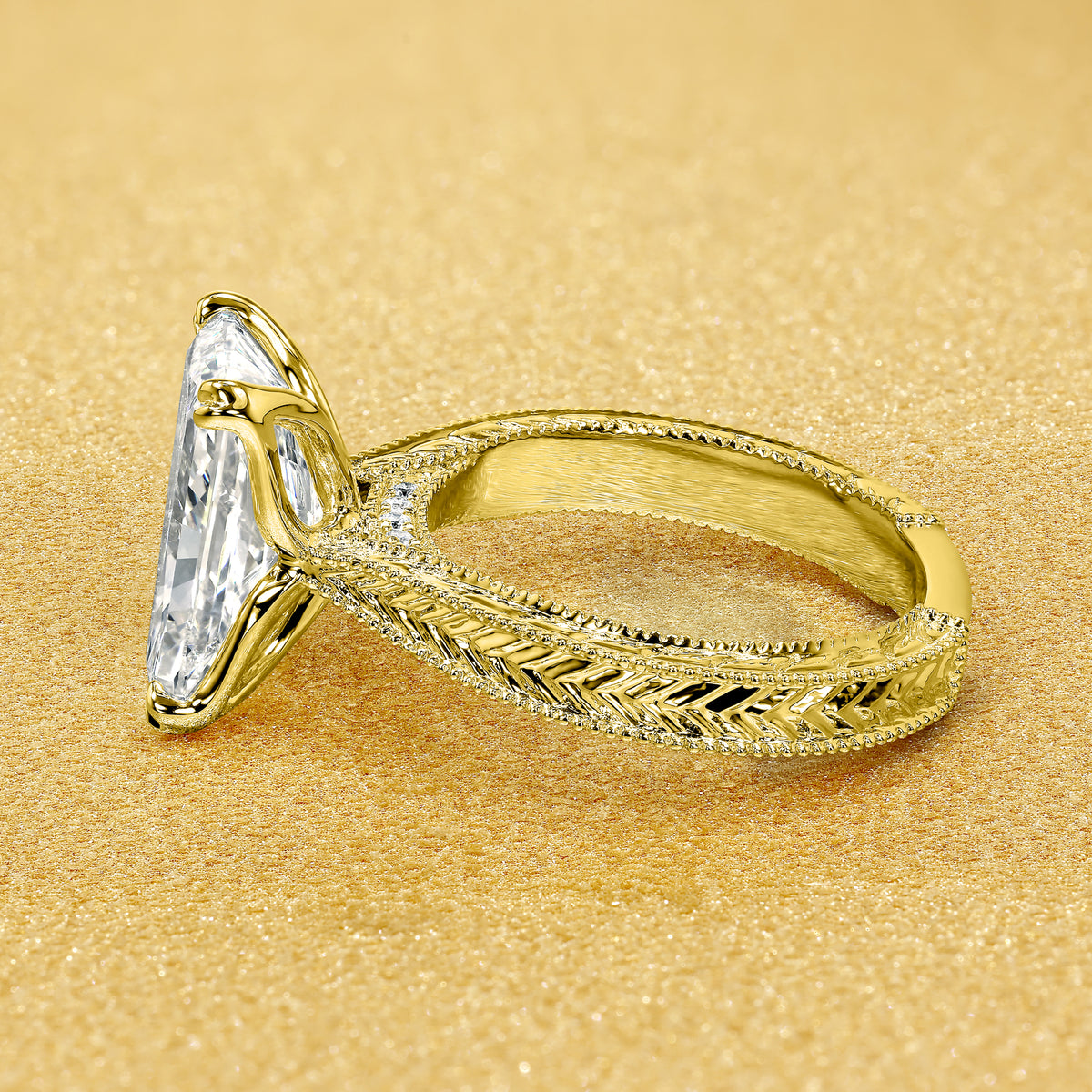 The Elizabeth, 4ct Elongated Radiant-Cut Lab-Grown Diamond Engraved 4-Prong Tulip Engagement Ring in 14K Gold, 18K Gold, or Platinum by Earthena Jewelry of Beverly Hills.