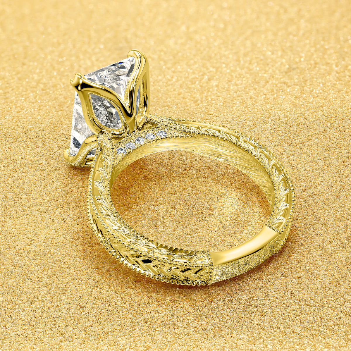 The Elizabeth, 4ct Elongated Radiant-Cut Lab-Grown Diamond Engraved 4-Prong Tulip Engagement Ring in 14K Gold, 18K Gold, or Platinum by Earthena Jewelry of Beverly Hills.