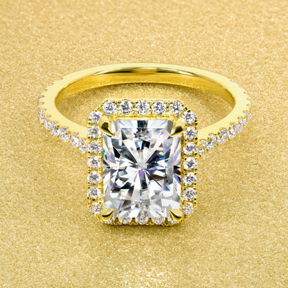 Emilia 2.5ct Radiant-cut Moissanite and Lab-grown Diamond Halo Diamond Bridge Cathedral Style Engagement ring in 14K or 18K Solid Gold by Earthena Jewelry