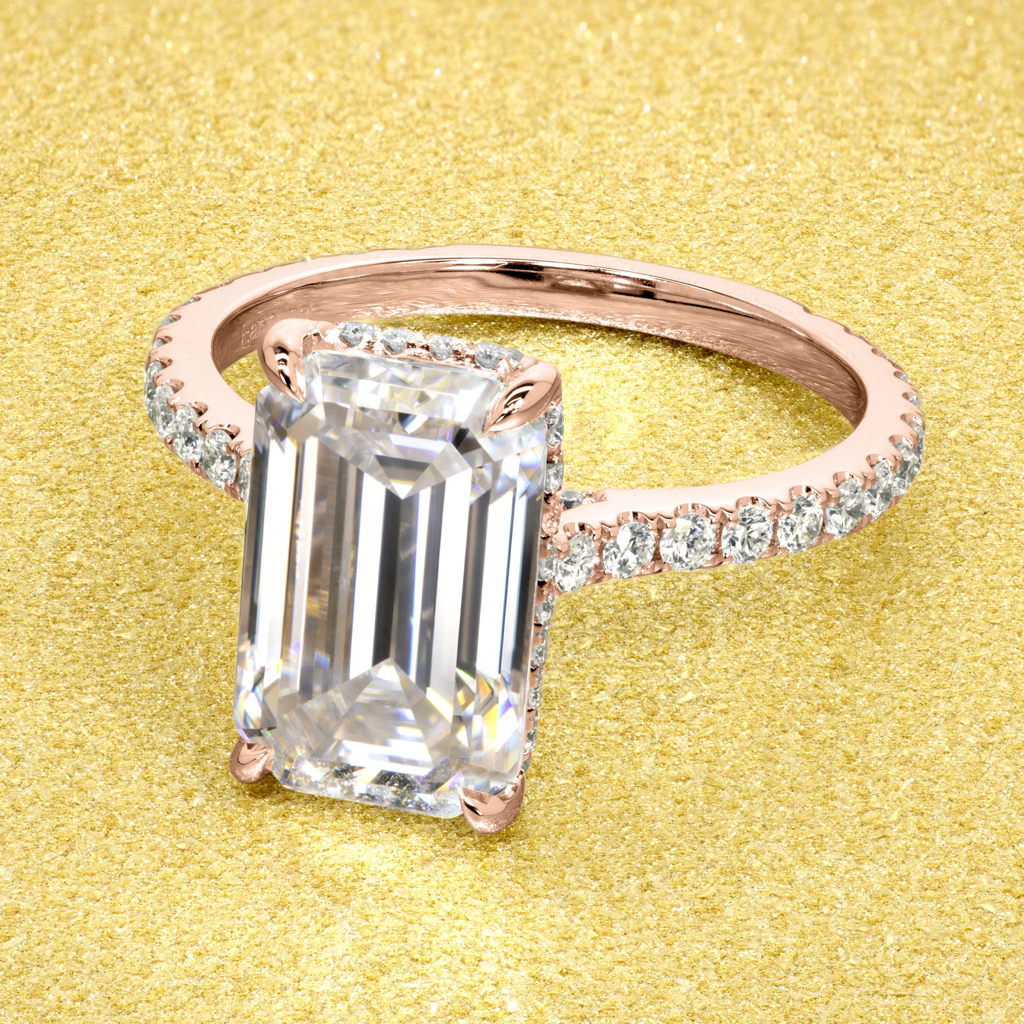 Classic Emilia 4.25ct Elongated Emerald-cut Diamond Bridge Hidden Halo Cathedral Style Engagement ring in 14K gold, 18K gold, or Platinum handcrafted in Los Angeles by Earthena Jewelry