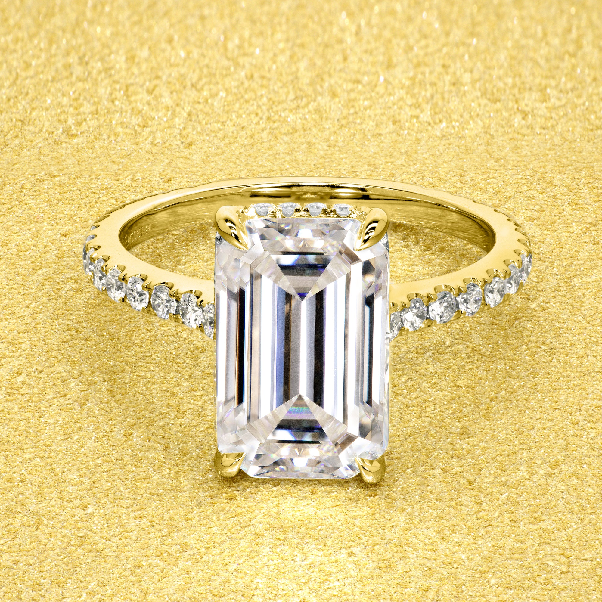 Classic Emilia 4.25ct Elongated Emerald-cut Diamond Bridge Hidden Halo Cathedral Style Engagement ring in 14K gold, 18K gold, or Platinum handcrafted in Los Angeles by Earthena Jewelry