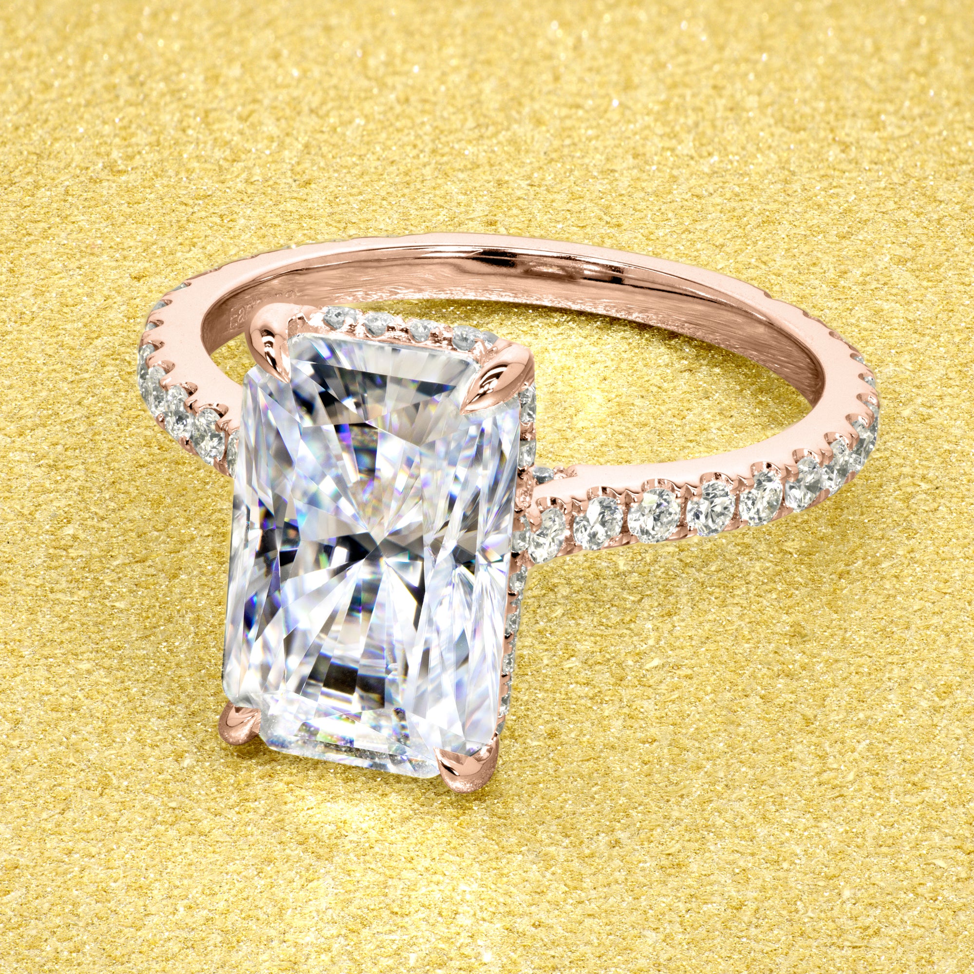 Classic Emilia 4.25ct Elongated Radiant-cut Diamond Bridge Hidden Halo Cathedral Style Engagement ring in 14K gold, 18K gold, or Platinum handcrafted in Los Angeles by Earthena Jewelry.