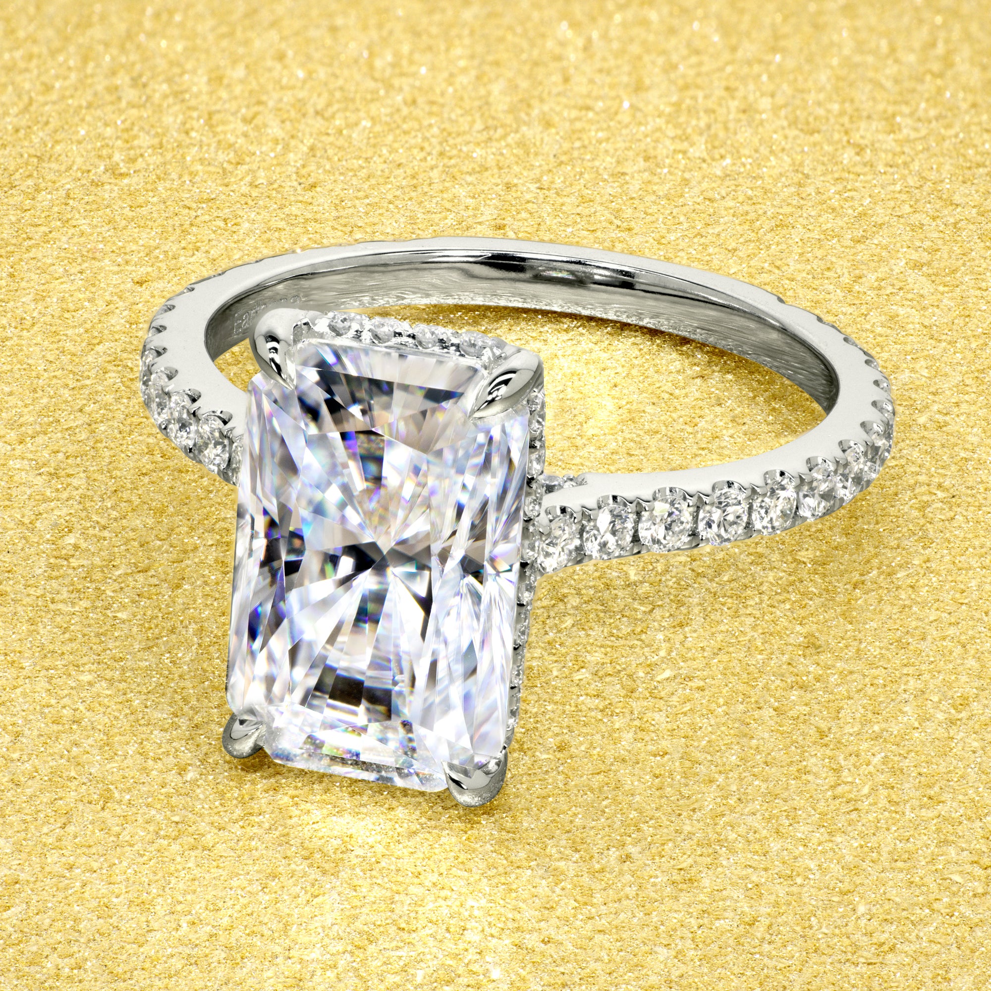 Classic Emilia 4.25ct Elongated Radiant-cut Diamond Bridge Hidden Halo Cathedral Style Engagement ring in 14K gold, 18K gold, or Platinum handcrafted in Los Angeles by Earthena Jewelry.