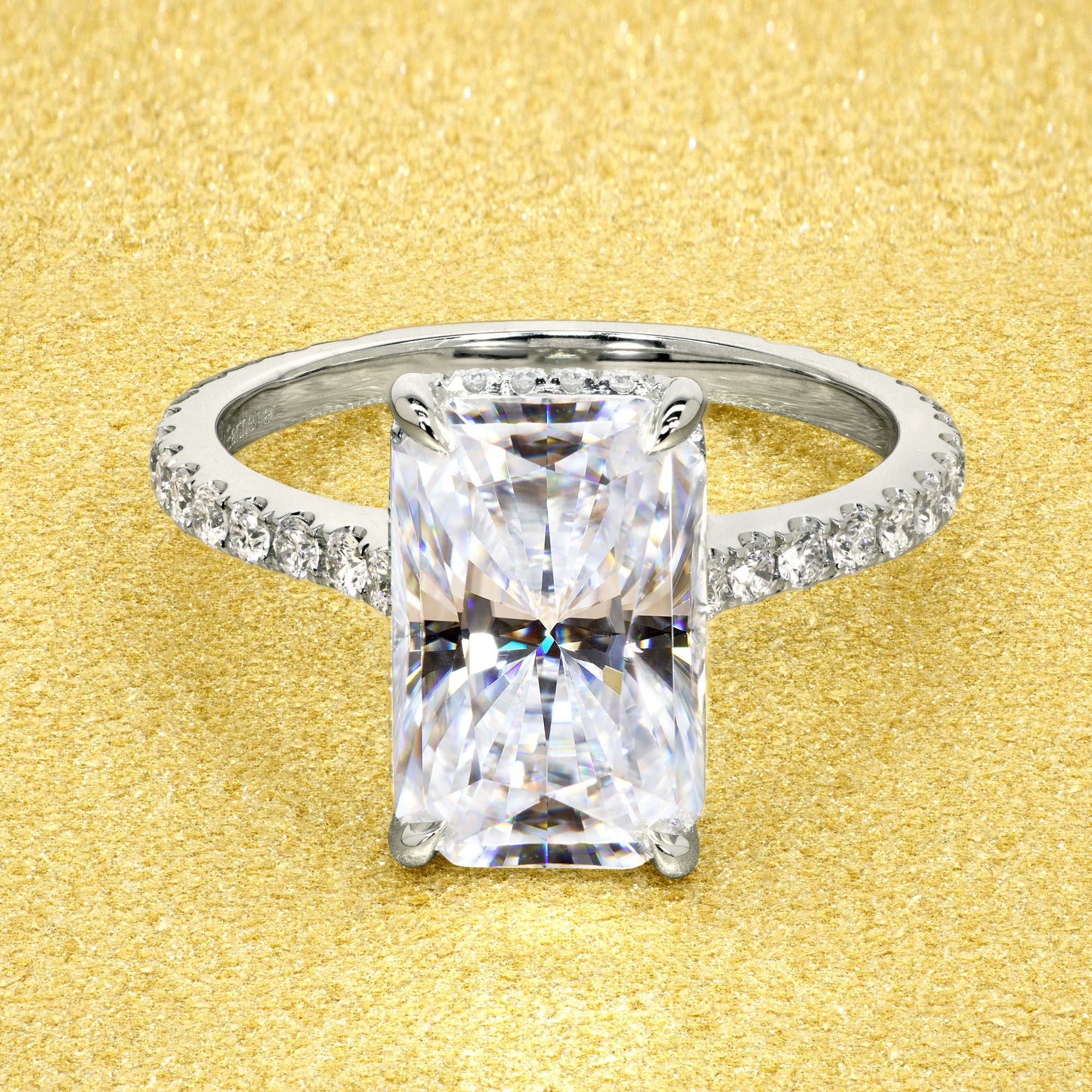 Classic Emilia 4.25ct Elongated Radiant-cut Diamond Bridge Hidden Halo Cathedral Style Engagement ring in 14K gold, 18K gold, or Platinum handcrafted in Los Angeles by Earthena Jewelry.