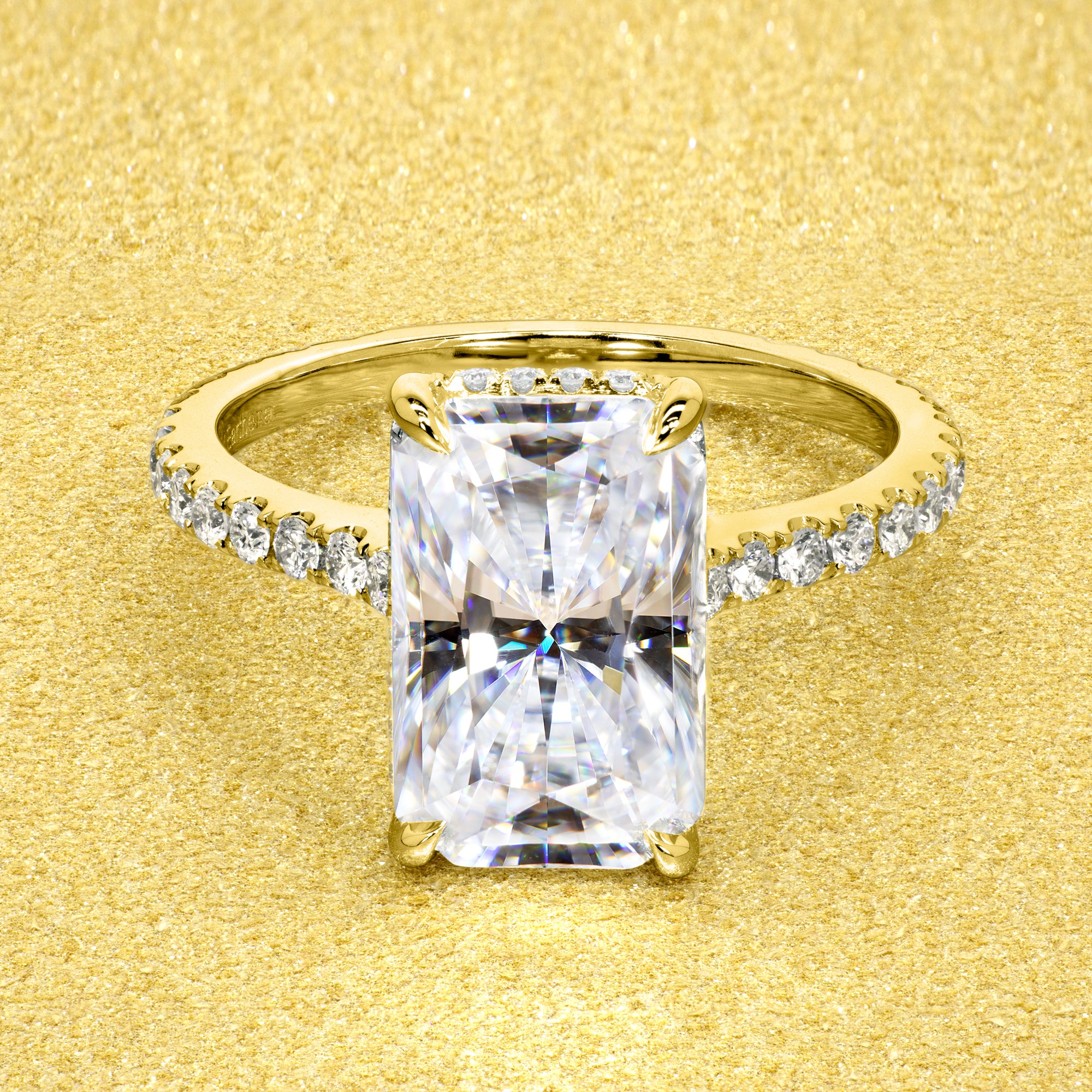 Classic Emilia 4.25ct Elongated Radiant-cut Diamond Bridge Hidden Halo Cathedral Style Engagement ring in 14K gold, 18K gold, or Platinum handcrafted in Los Angeles by Earthena Jewelry.