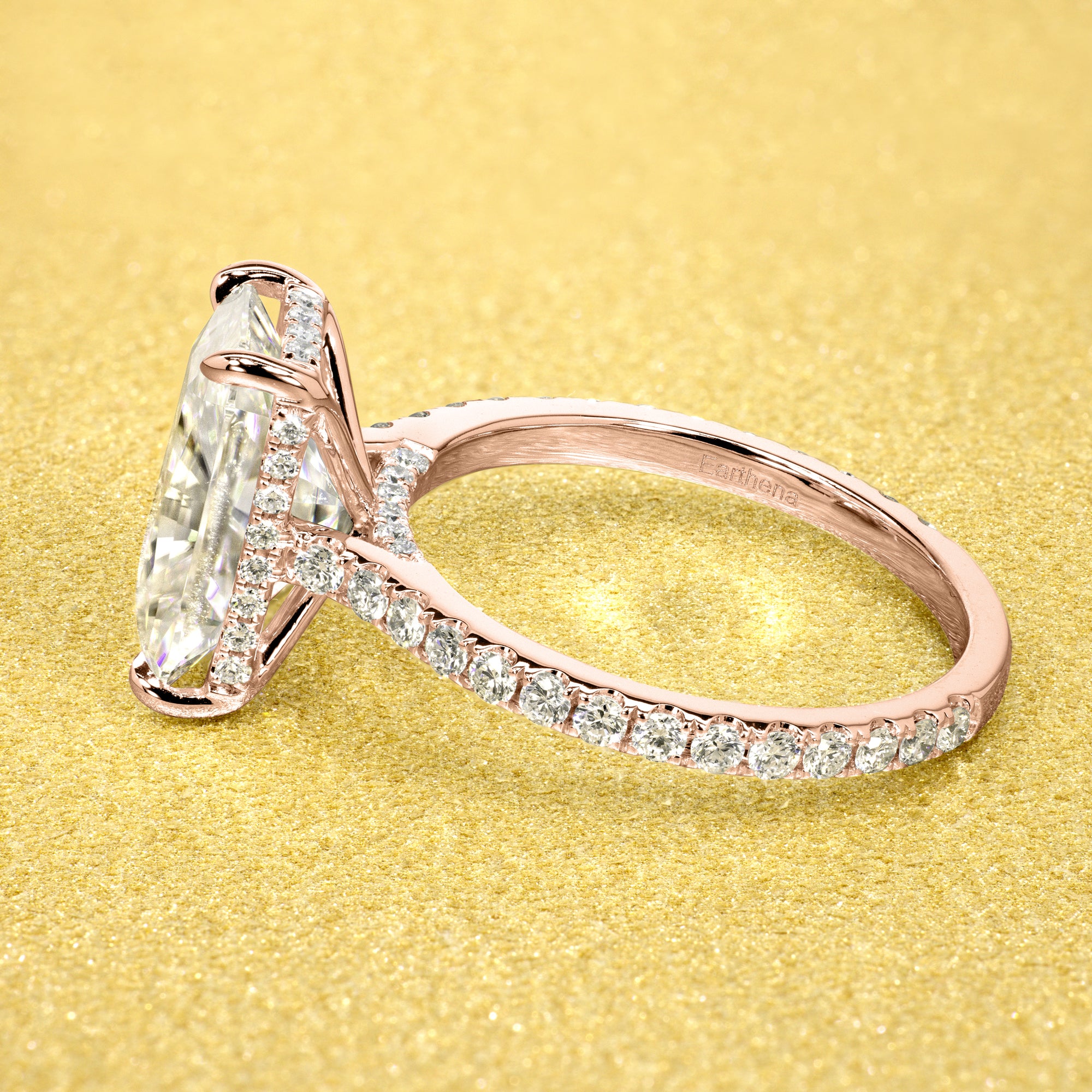 Classic Emilia 4.25ct Elongated Radiant-cut Diamond Bridge Hidden Halo Cathedral Style Engagement ring in 14K gold, 18K gold, or Platinum handcrafted in Los Angeles by Earthena Jewelry.