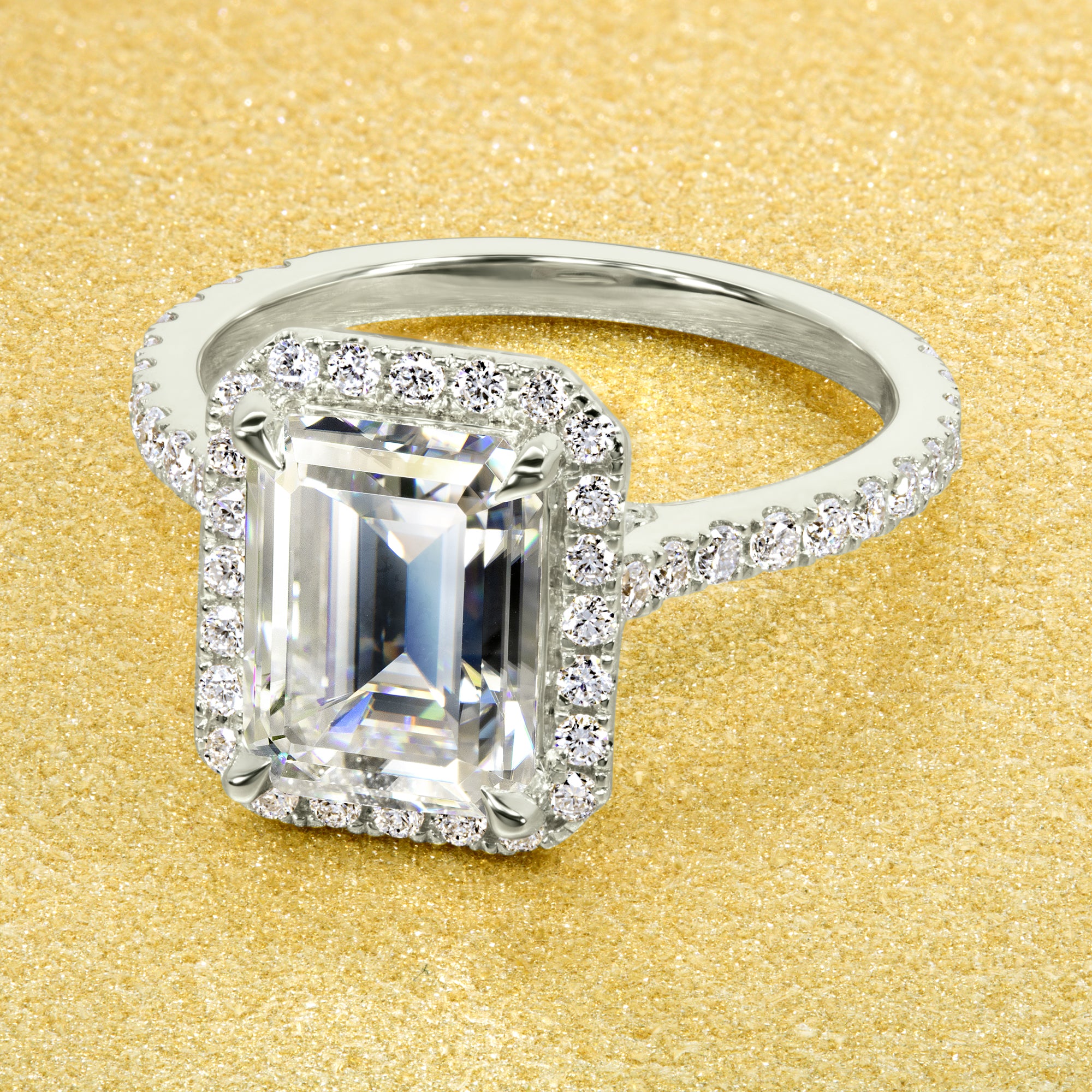 Emilia 2.5ct Emerald-cut Moissanite and Lab-grown Diamond Halo Diamond Bridge Cathedral Style Engagement ring in 14K gold, 18K Gold or Platinum handcrafted in Los Angeles by Earthena Jewelry