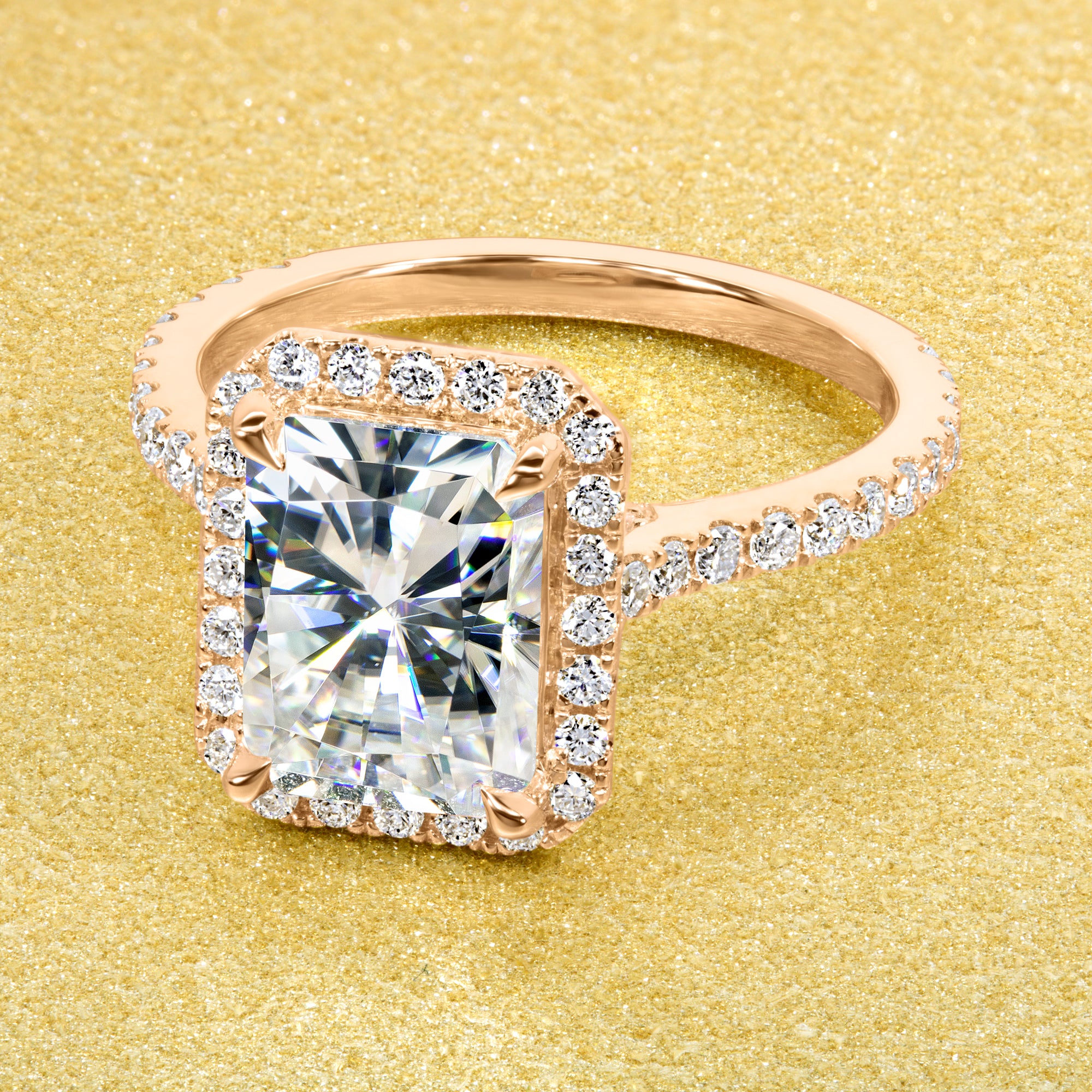 Classic Emilia 2.7ct Radiant-cut Moissanite Halo Diamond Bridge Cathedral Style Engagement ring in 14K Gold, 18K Gold, or Platinum handcrafted in Beverly Hills by Earthena Jewelry.