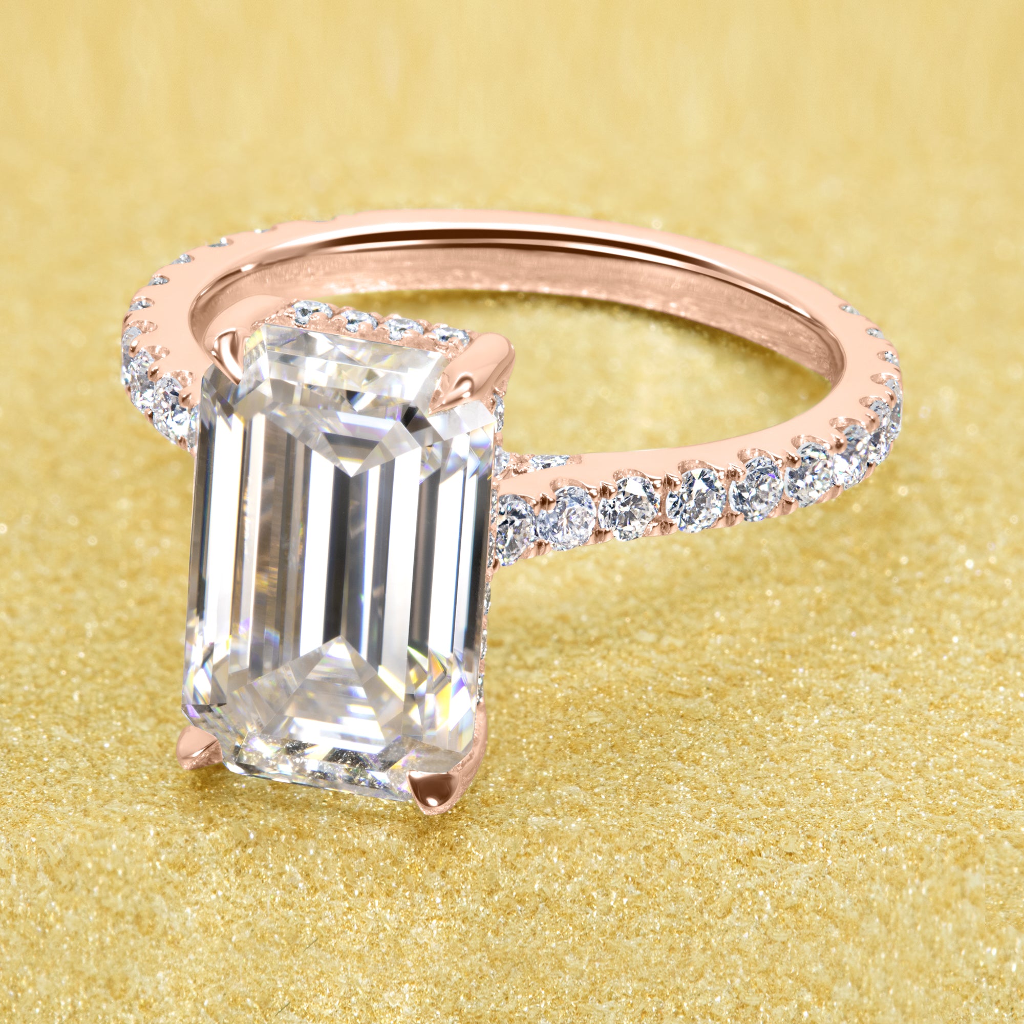 Classic Emilia 3.5ct Elongated Emerald-cut Diamond Bridge Hidden Halo Cathedral Style Engagement ring in 14K gold, 18K gold, or Platinum handcrafted in Los Angeles by Earthena Jewelry