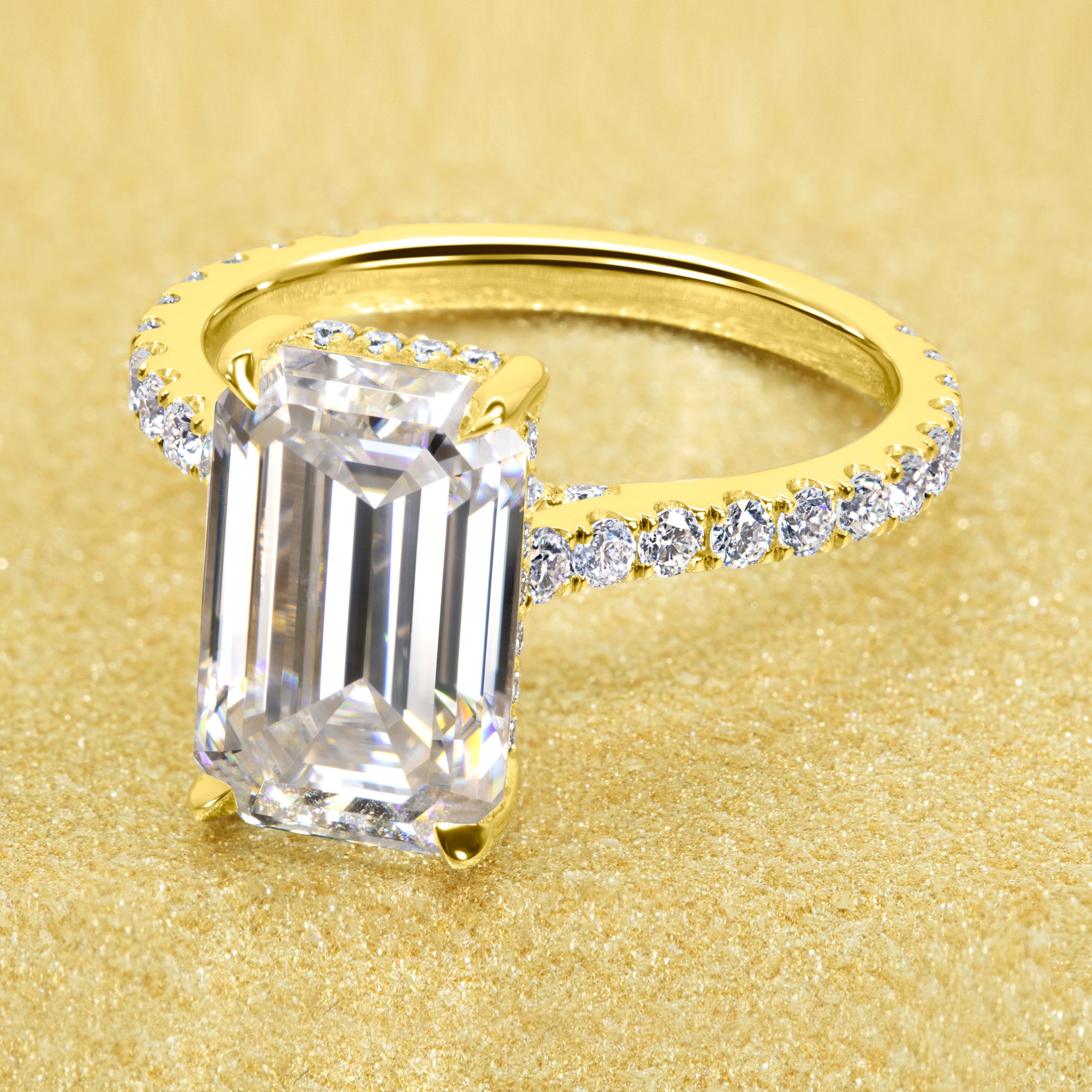 Classic Emilia 3.5ct Elongated Emerald-cut Diamond Bridge Hidden Halo Cathedral Style Engagement ring in 14K gold, 18K gold, or Platinum handcrafted in Los Angeles by Earthena Jewelry