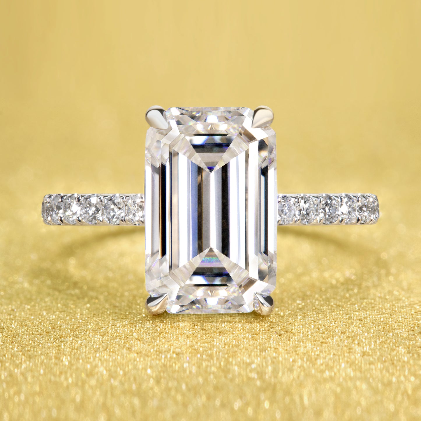 Emilia 3.5ct Elongated Emerald-cut Moissanite Diamond Bridge Hidden Halo Cathedral Style Engagement ring in 14K or 18K Gold by Earthena Jewelry