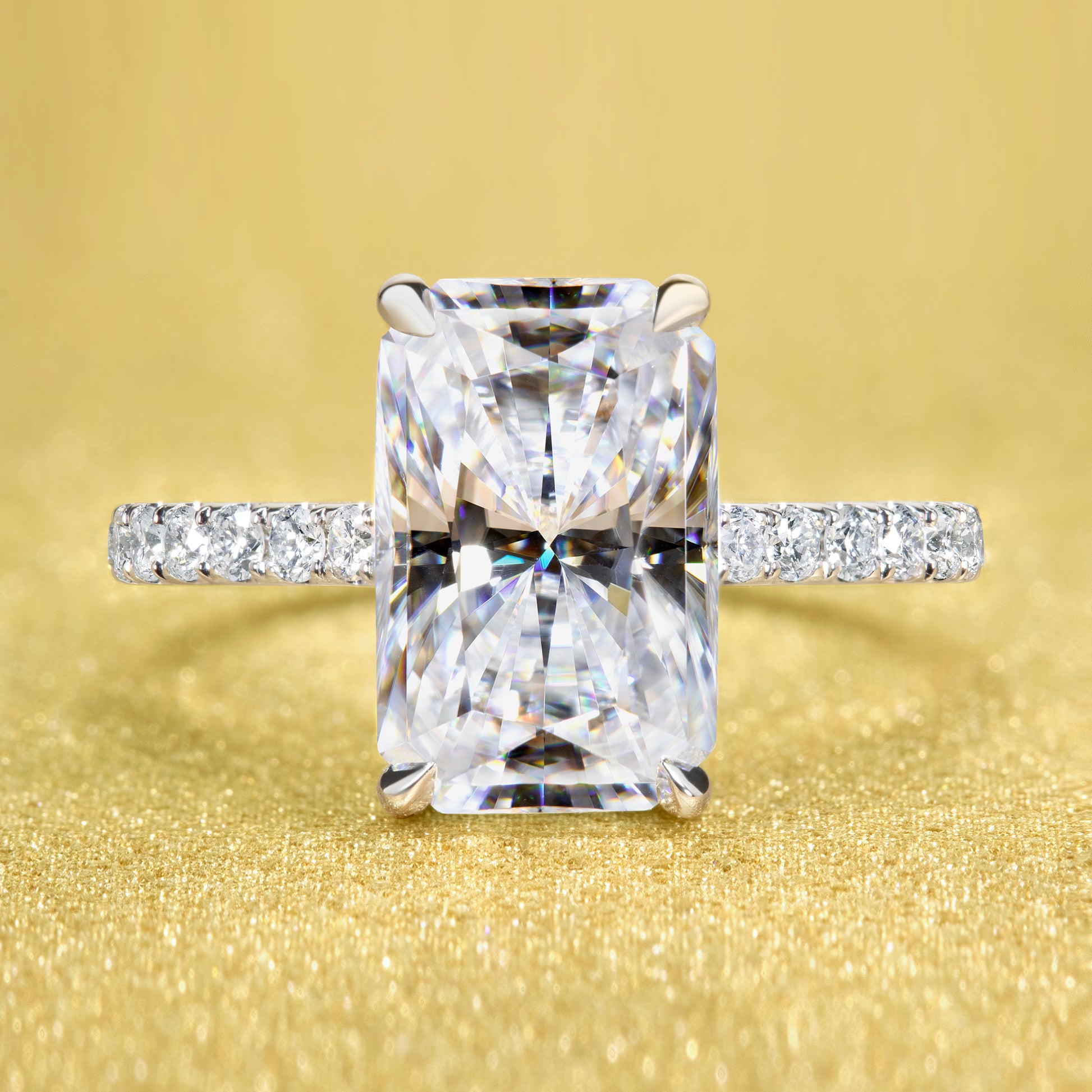 Emilia 3.5ct Elongated Radiant-cut Moissanite Diamond Bridge Hidden Halo Cathedral Style Engagement ring in 14K or 18K Gold by Earthena Jewelry