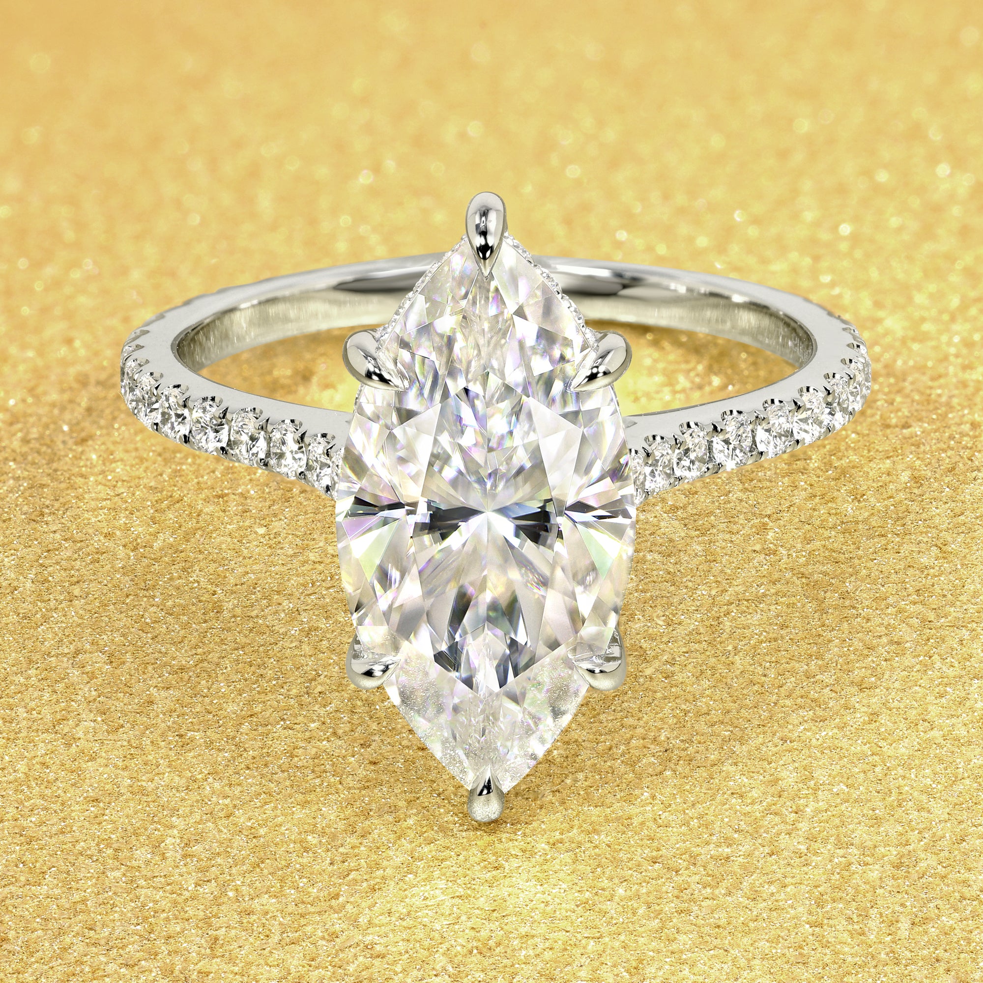 Classic Emilia 4ct Elongated Marquise-cut Diamond Bridge Hidden Halo Cathedral Style Engagement ring in 14K gold, 18K gold, or Platinum handcrafted in Los Angeles by Earthena Jewelry