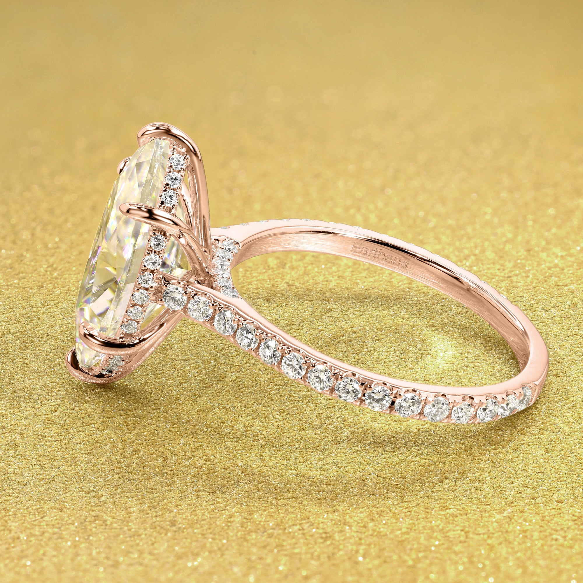 Classic Emilia 4ct Elongated Marquise-cut Diamond Bridge Hidden Halo Cathedral Style Engagement ring in 14K gold, 18K gold, or Platinum handcrafted in Los Angeles by Earthena Jewelry