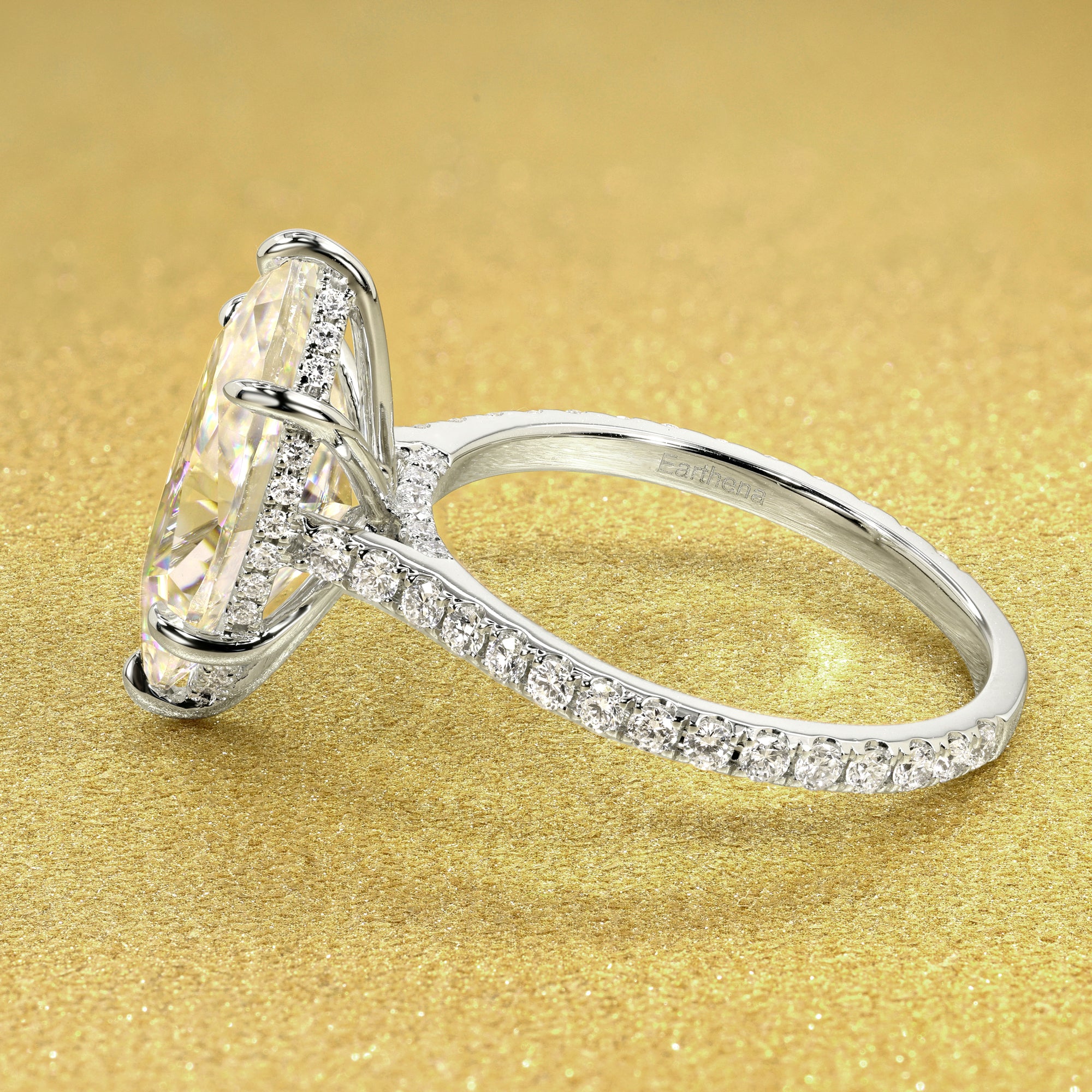 Classic Emilia 4ct Elongated Marquise-cut Diamond Bridge Hidden Halo Cathedral Style Engagement ring in 14K gold, 18K gold, or Platinum handcrafted in Los Angeles by Earthena Jewelry