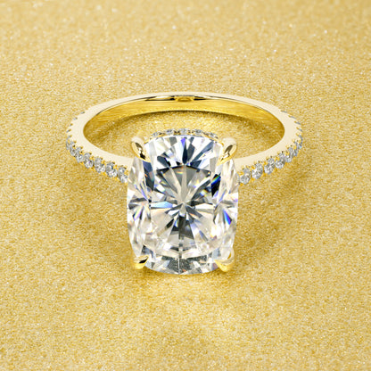 5.5ct Elongated Cushion-cut Moissanite and Lab-grown Diamond Cathedral Hidden Halo Engagement Ring by Earthena Jewelry