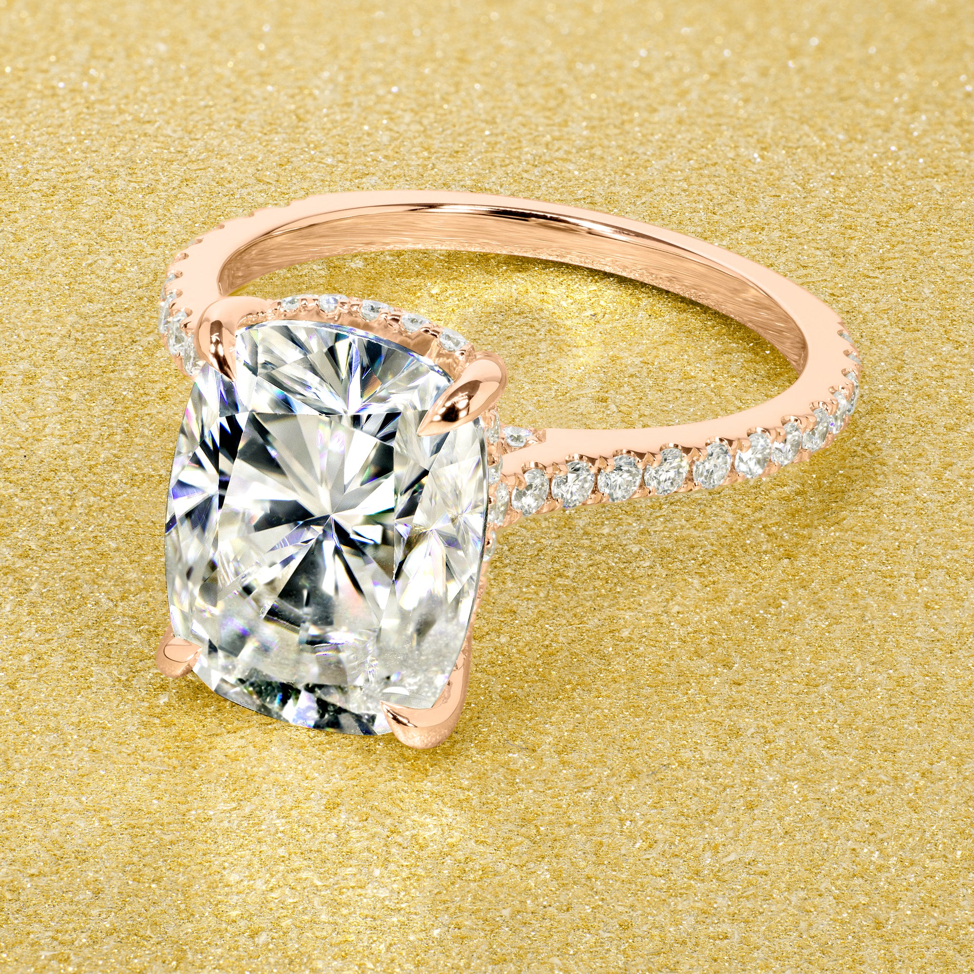 Classic Emilia 5.5ct Elongated Cushion-cut Moissanite Hidden Halo Diamond Bridge Cathedral Style Engagement ring in 14K Gold, 18K Gold, or Platinum by Earthena Jewelry of Beverly Hills.