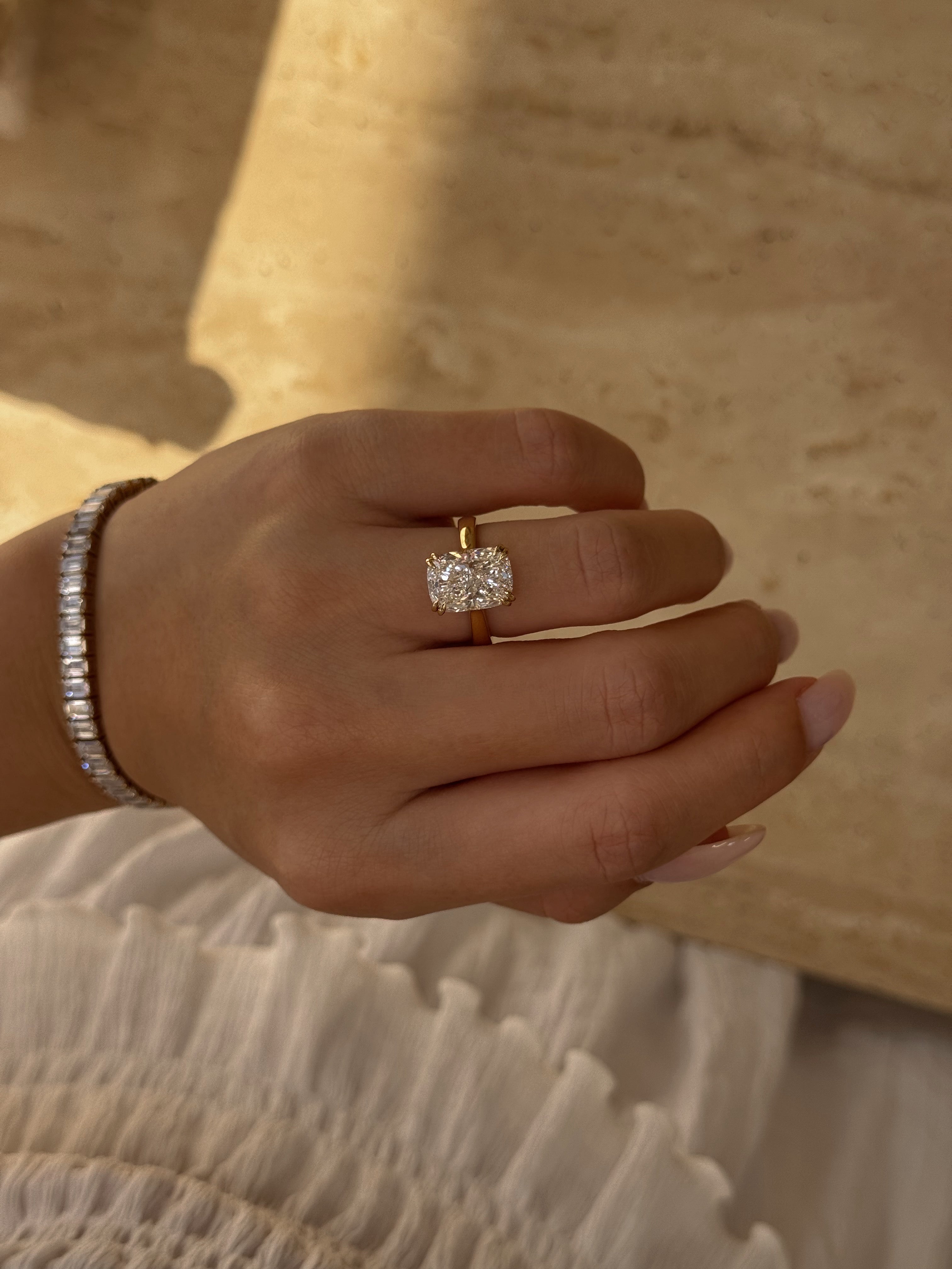 The Eva Luxe, 4.01ct Elongated Cushion-cut Lab-grown Diamond Hidden Halo Cathedral Solitaire Ring