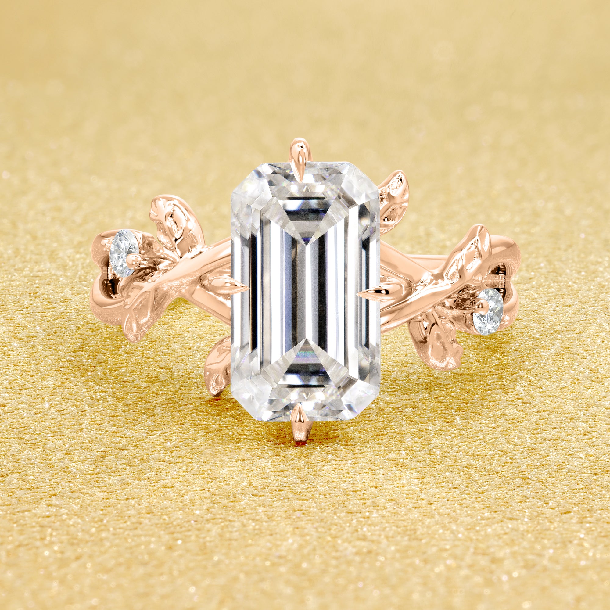 Flora 3ct Elongated Emerald-cut Moissanite Compass Hidden Halo Floral Lab-grown Diamond Engagement ring in 14K gold, 18K gold, or Platinum by Earthena Jewelry of Beverly Hills.