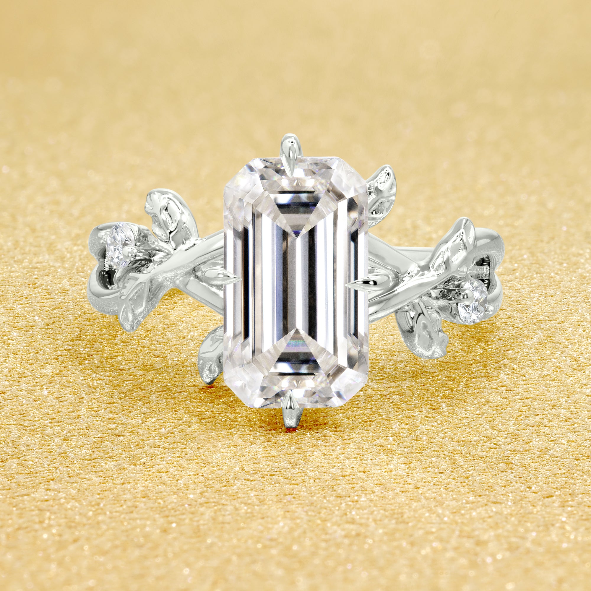 Flora 3ct Elongated Emerald-cut Moissanite Compass Hidden Halo Floral Lab-grown Diamond Engagement ring in 14K gold, 18K gold, or Platinum by Earthena Jewelry of Beverly Hills.