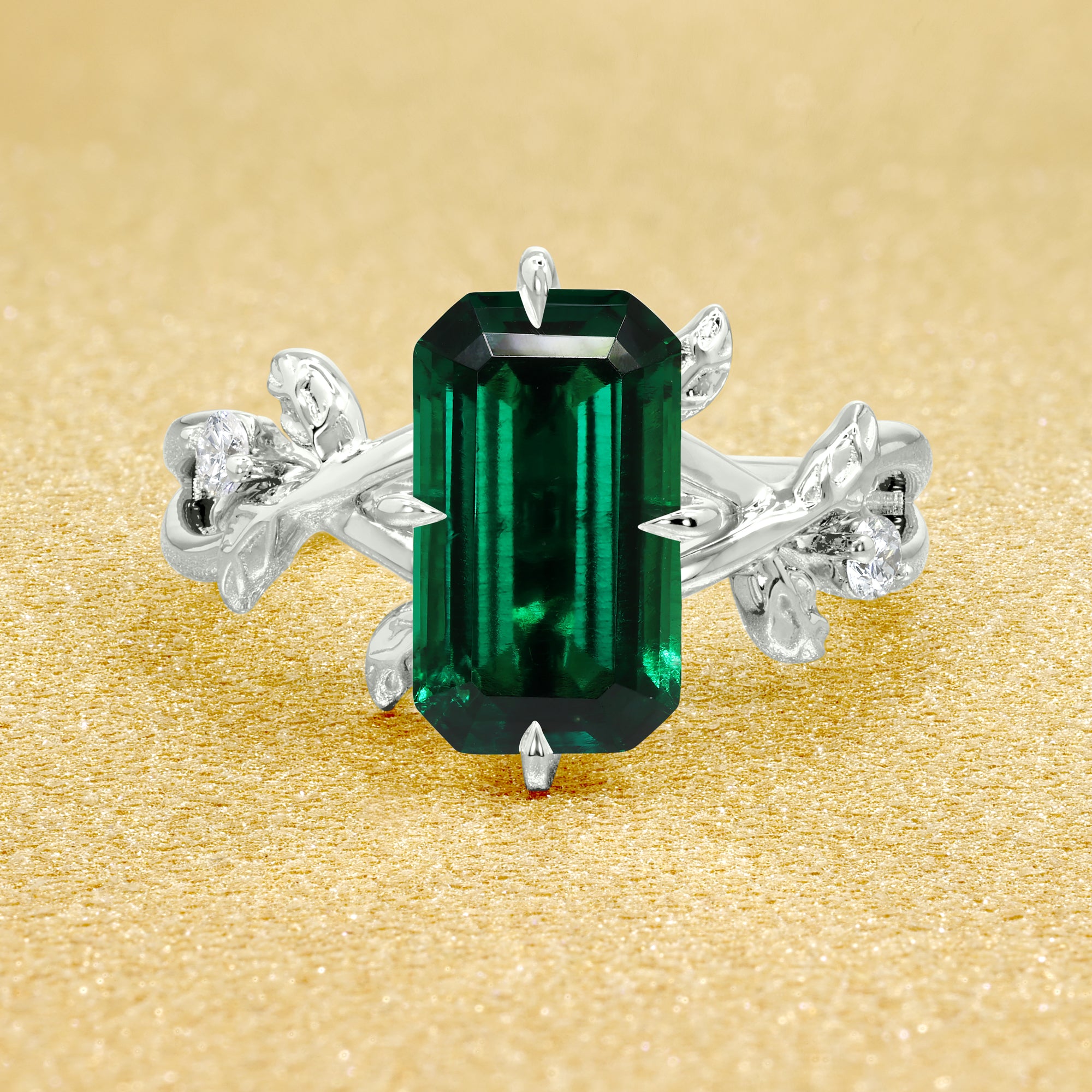 Flora Lab-Grown Emerald-Cut Zambia-Green-inspried Emerald Compass Hidden Halo Engagement Ring in 14K Gold, 18K Gold, or Platinum by Earthena Jewelry of Beverly Hills.