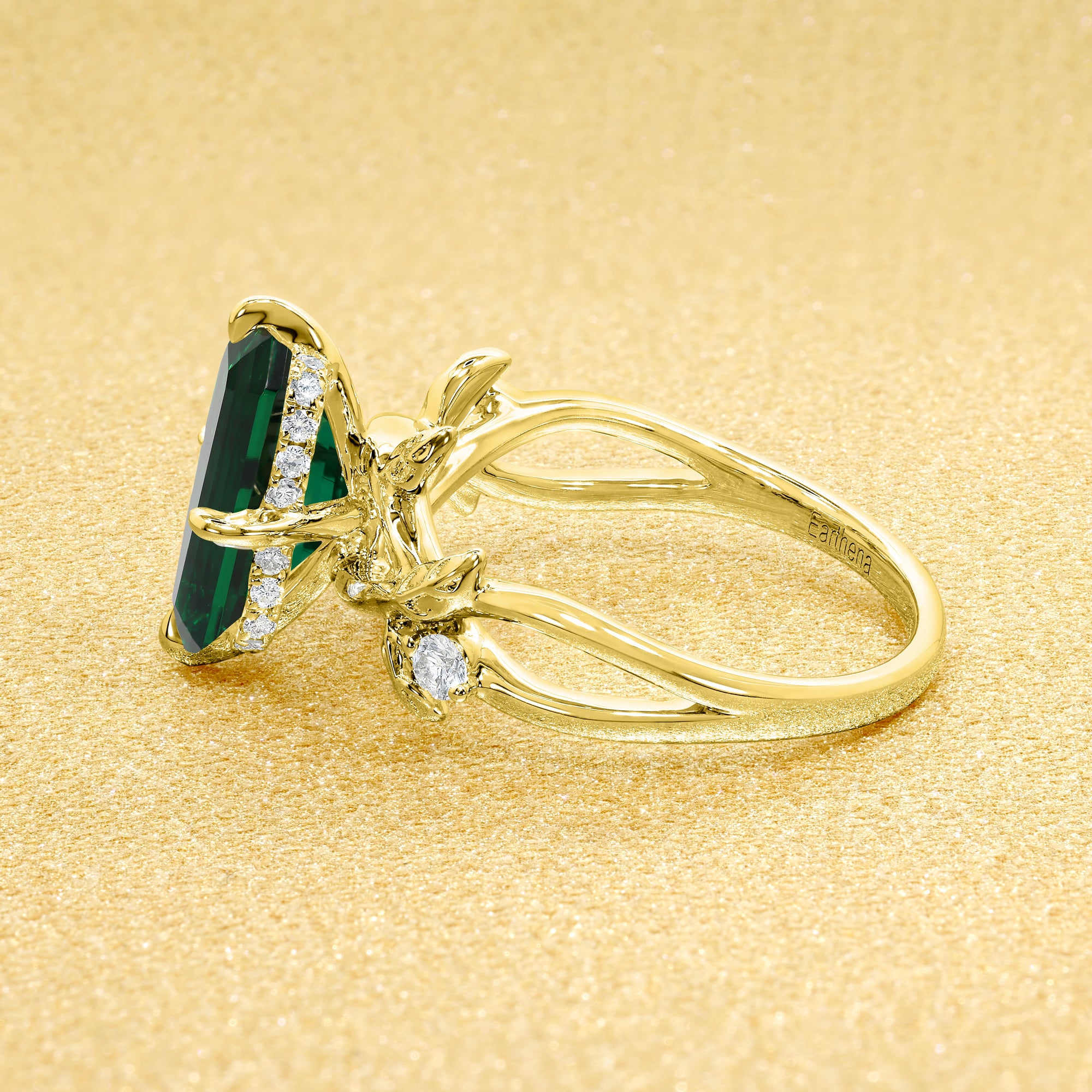 Flora Lab-Grown Emerald-Cut Zambia-Green-inspried Emerald Compass Hidden Halo Engagement Ring in 14K Gold, 18K Gold, or Platinum by Earthena Jewelry of Beverly Hills.