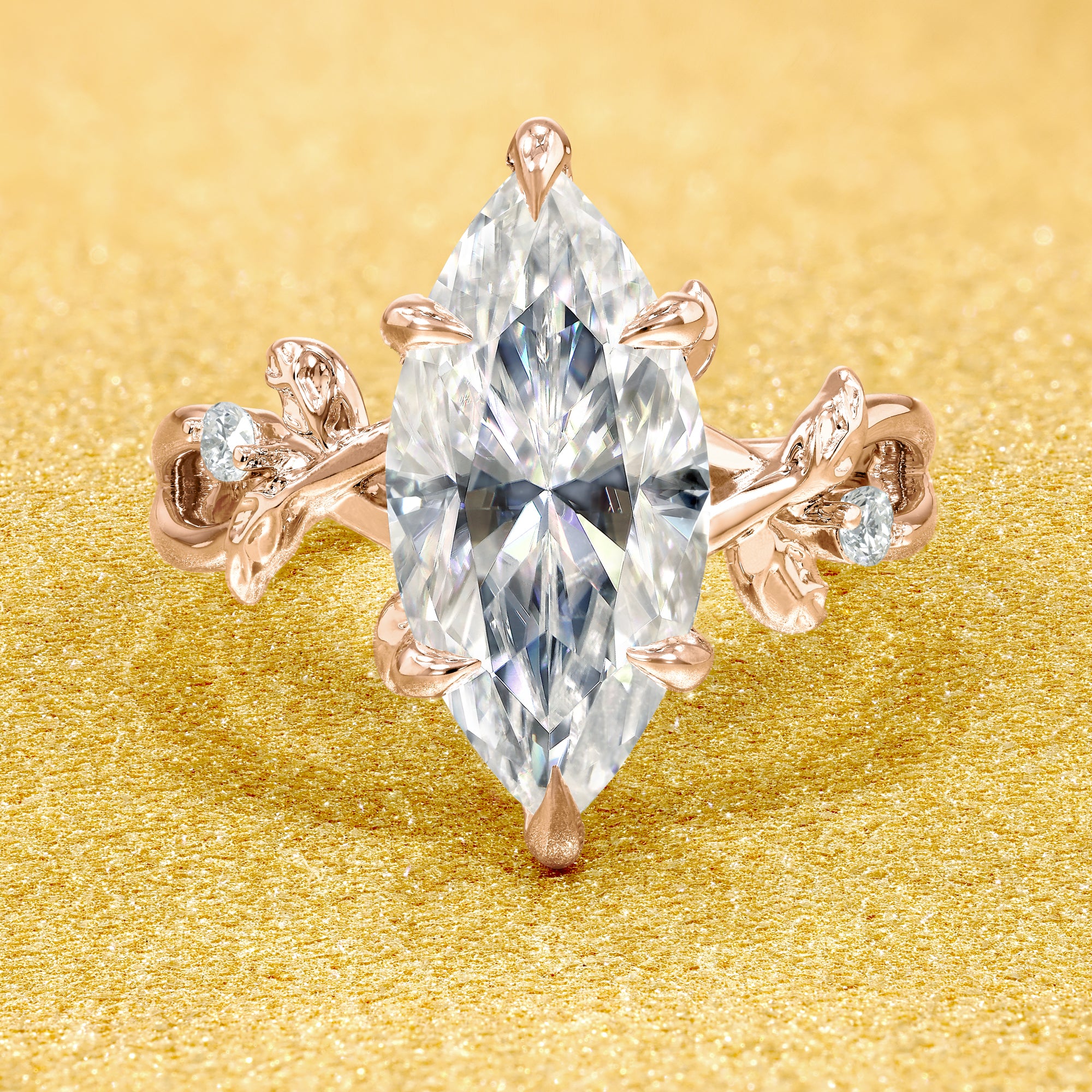 Flora 3ct Marquise cut Moissanite Hidden Halo Floral Engagement Ring in 14K Gold, 18K Gold, or Platinum by Earthena Jewelry of Beverly Hills.