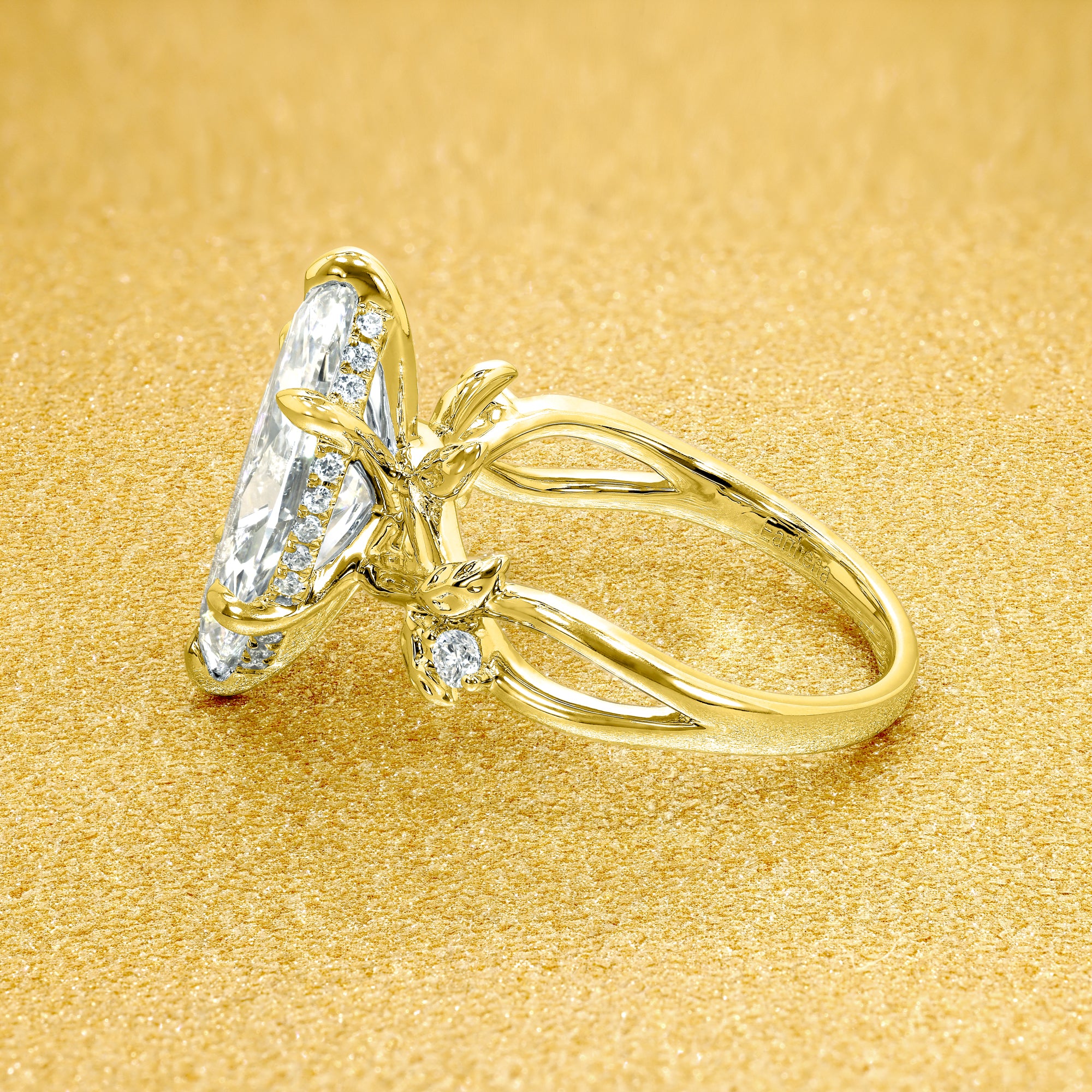 Flora 3ct Marquise cut Moissanite Hidden Halo Floral Engagement Ring in 14K Gold, 18K Gold, or Platinum by Earthena Jewelry of Beverly Hills.