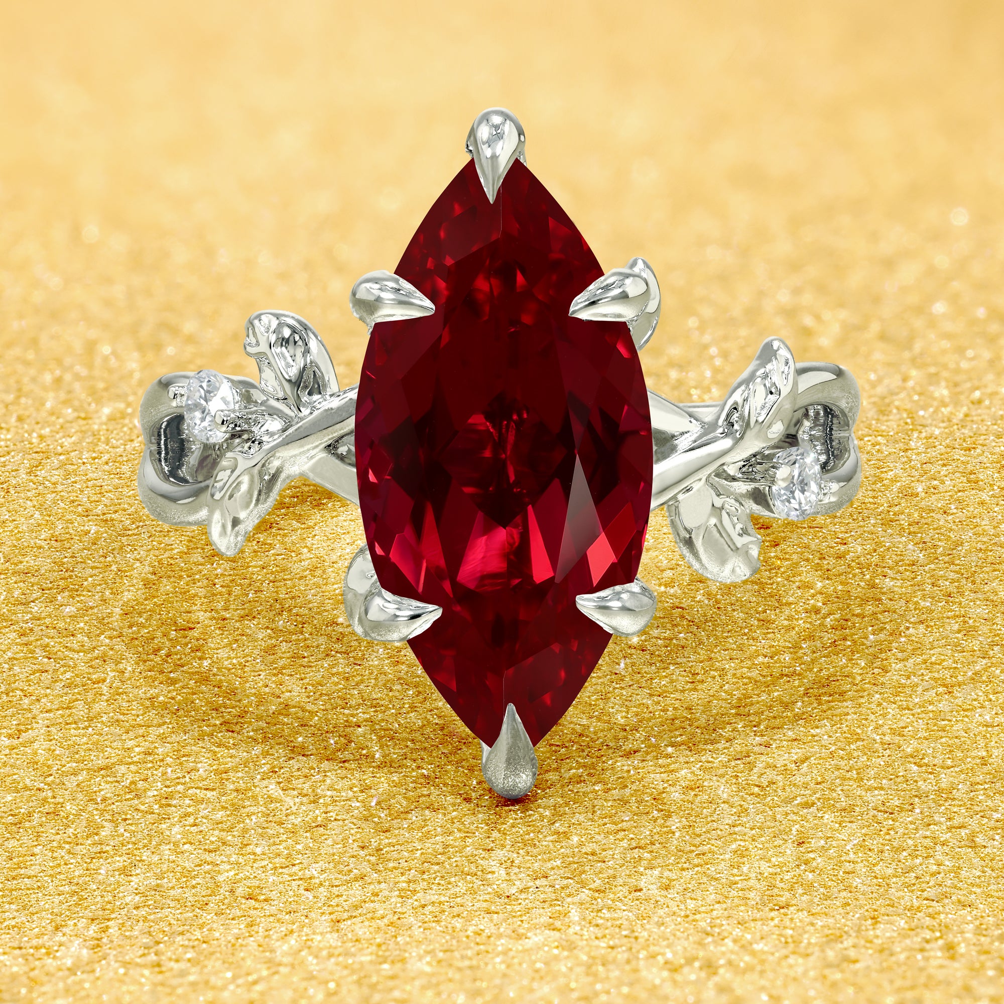 Flora 3ct Marquise-cut Lab-grown Ruby Hidden Halo Floral Engagement ring in 14K gold, 18K gold, or Platinum by Earthena Jewelry of Beverly Hills.
