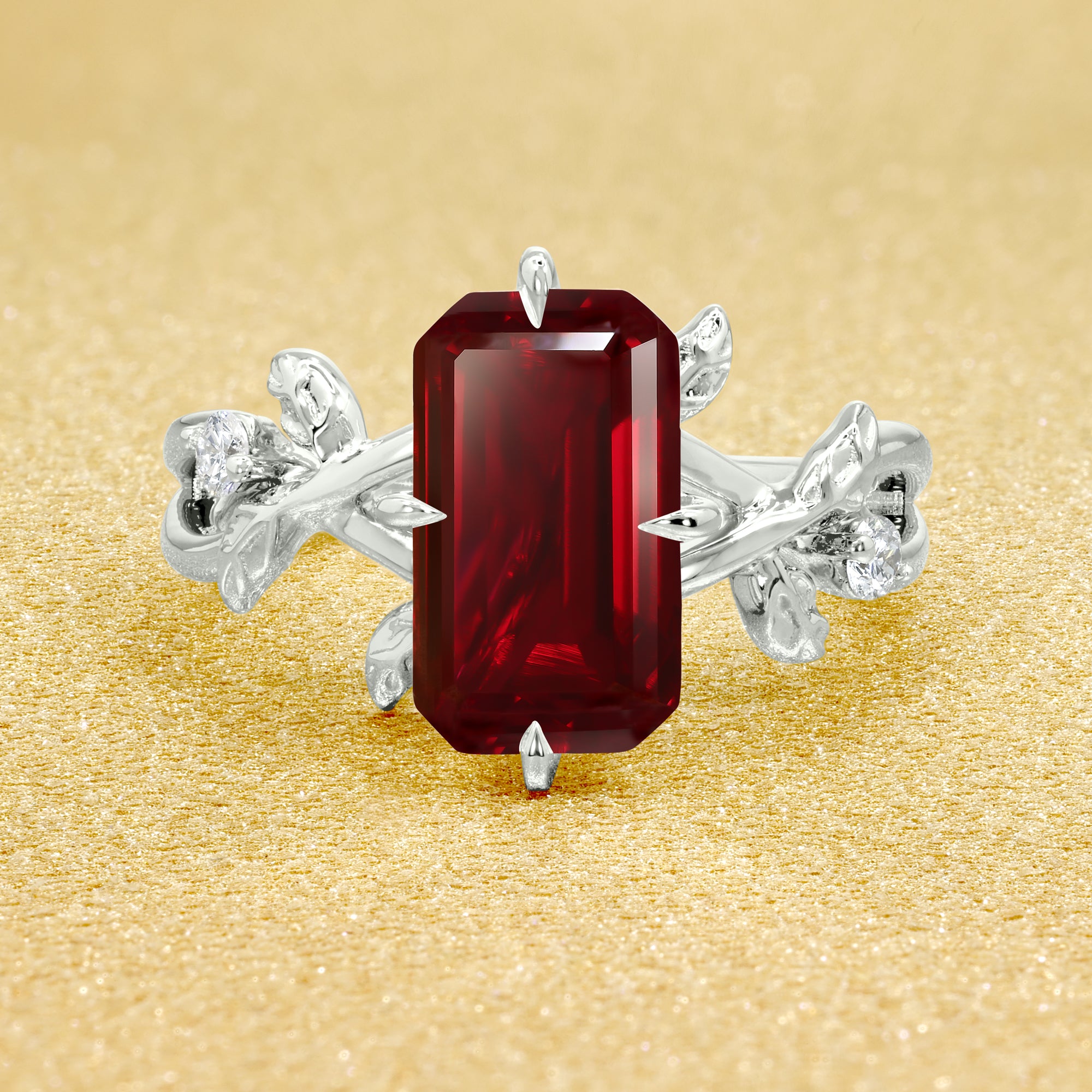 The Flora, 3ct Elongated Lab-Grown Emerald-cut Ruby Compass Hidden Halo Floral Ring