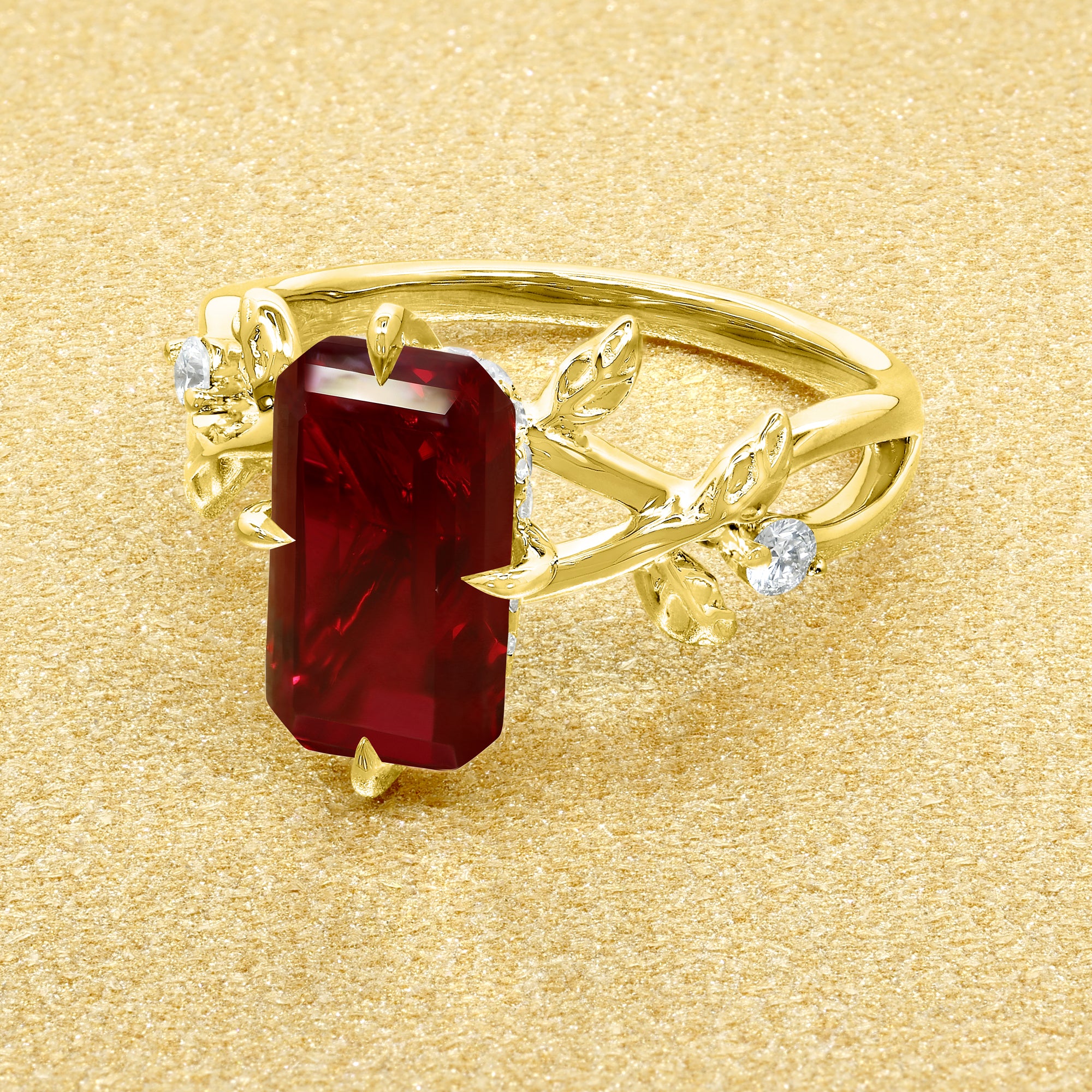 The Flora, 3ct Elongated Lab-Grown Emerald-cut Ruby Compass Hidden Halo Floral Ring