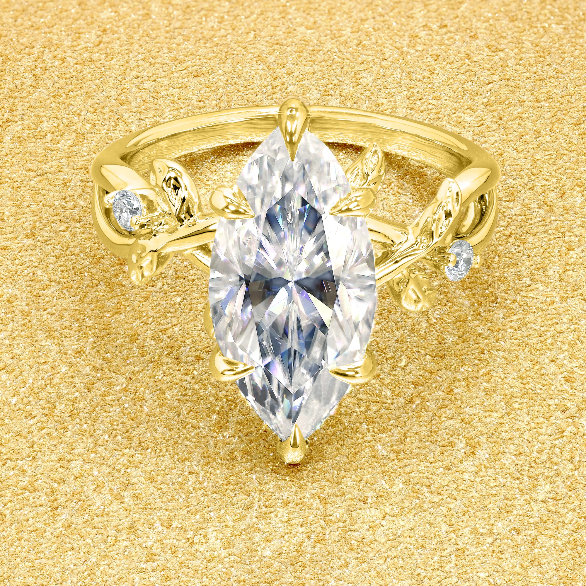 Flora 3ct Marquise cut Moissanite Hidden Halo Floral Engagement Ring in 14K Gold, 18K Gold, or Platinum by Earthena Jewelry of Beverly Hills.