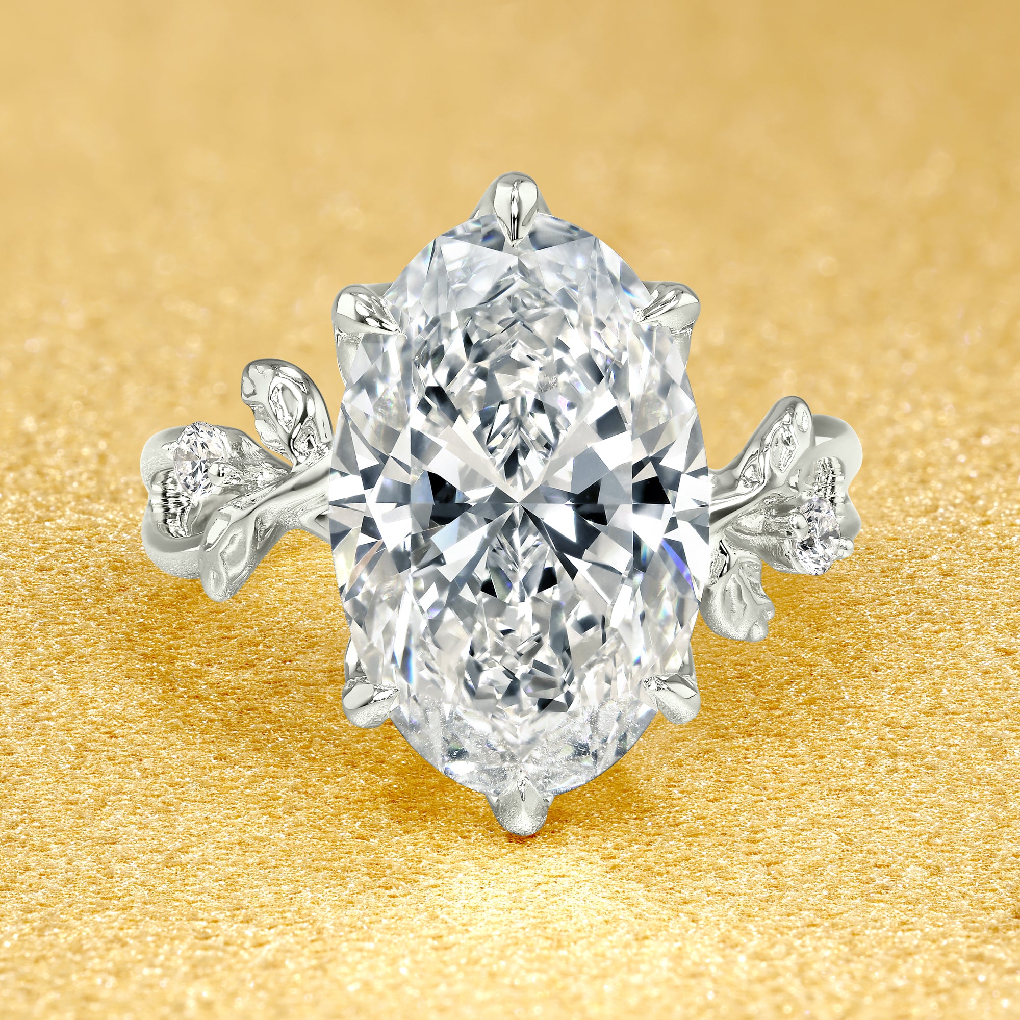 Flora 4.5ct Oval-Cut Lab-Grown Diamond Six-Prong Tulip Floral Engagement Ring in 14K Gold, 18K Gold, or Platinum by Earthena Jewelry of Beverly Hills.