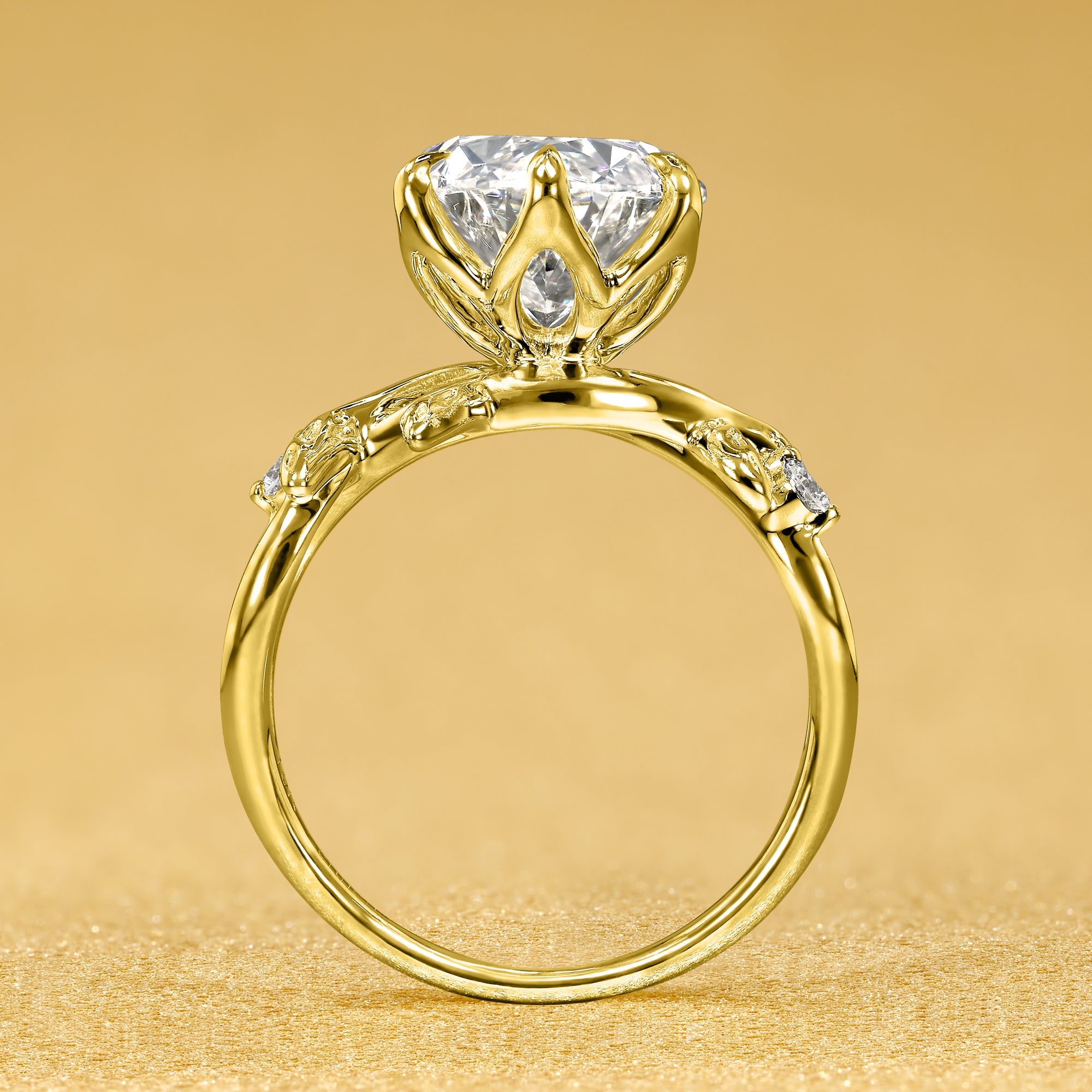Flora 4.5ct Oval-Cut Lab-Grown Diamond Six-Prong Tulip Floral Engagement Ring in 14K Gold, 18K Gold, or Platinum by Earthena Jewelry of Beverly Hills.