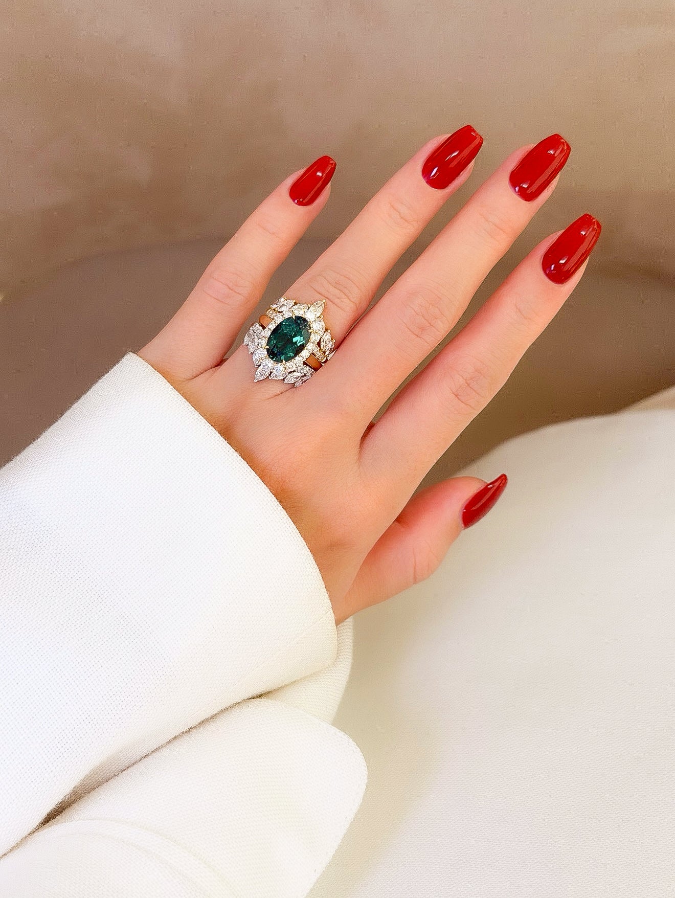 Gloria 3ct Oval Lab-Grown Zambia Green Emerald Trio Set with Dual Isabella V-Shaped Diamond Bands in 14K Gold, 18K Gold, or Platinum by Earthena Jewelry of Beverly Hills.