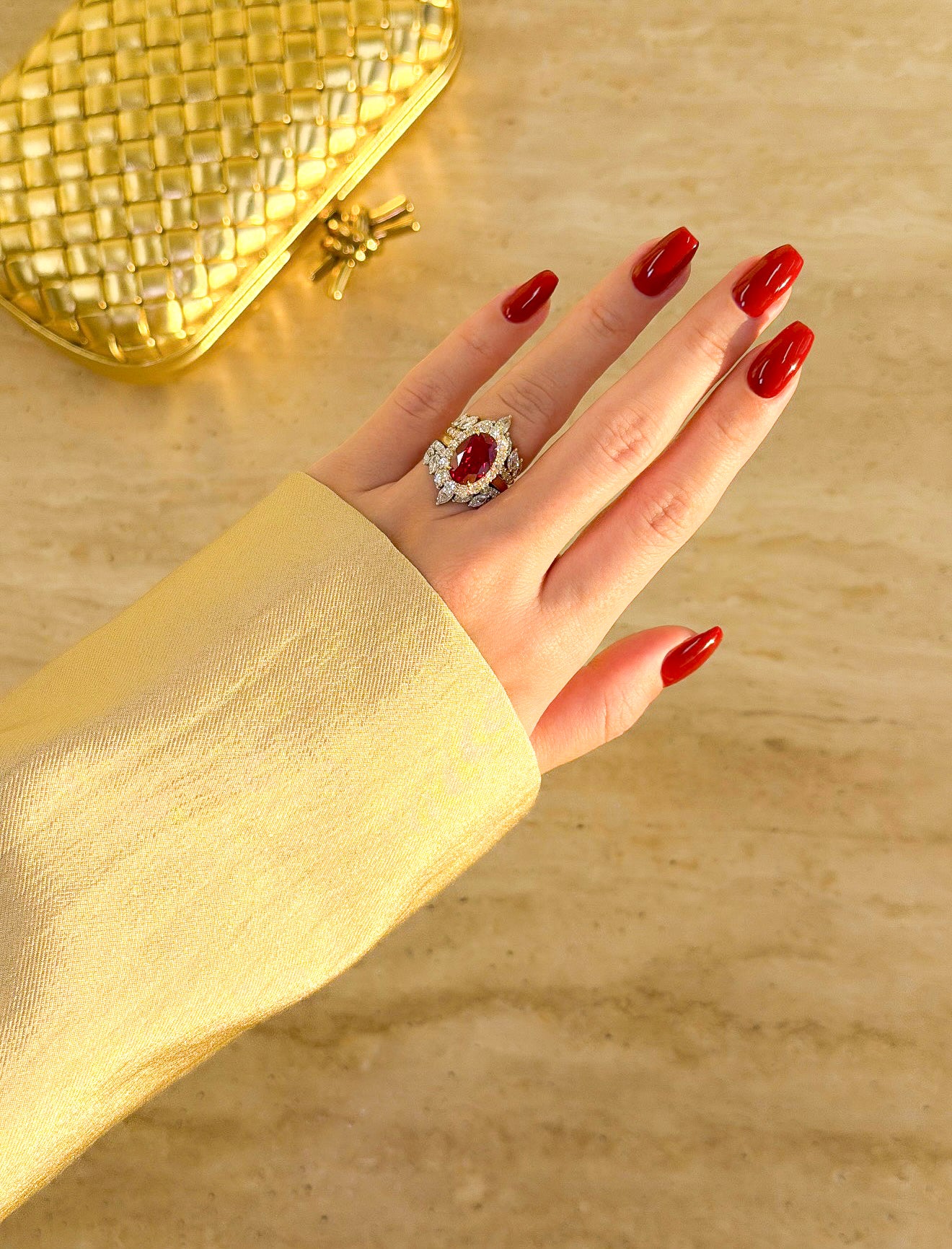 Gloria 4ct Oval Lab-Grown Ruby with Dual Isabella V-Shaped Diamond Bands in 14K Gold, 18K Gold, or Platinum by Earthena Jewelry of Beverly Hills.