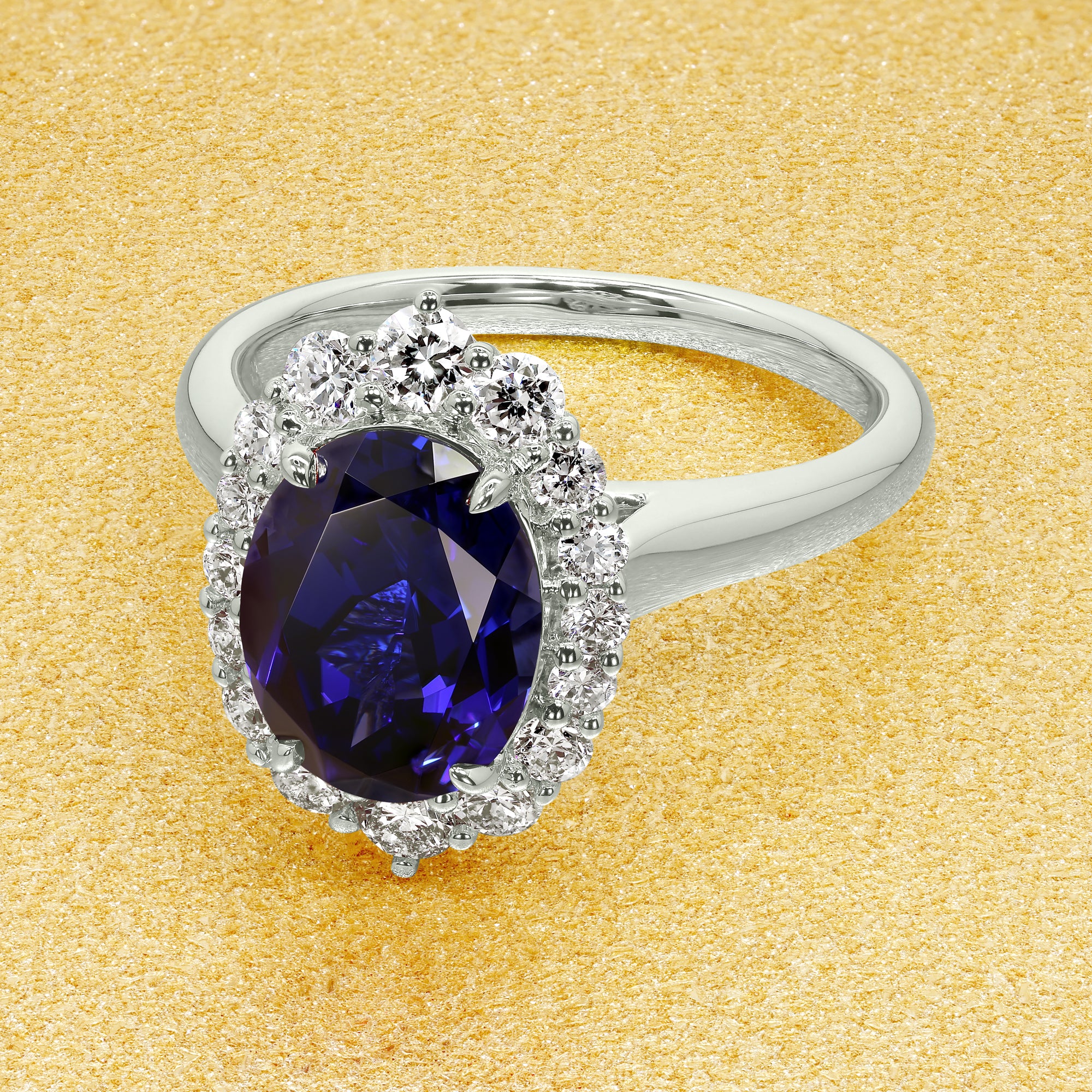 Gloria 2ct Lab-grown Oval-cut Royal Blue Sapphire Halo Cathedral Engagement ring in 14K Gold, 18K Gold, or Platinum by Earthena Jewelry of Beverly Hills.