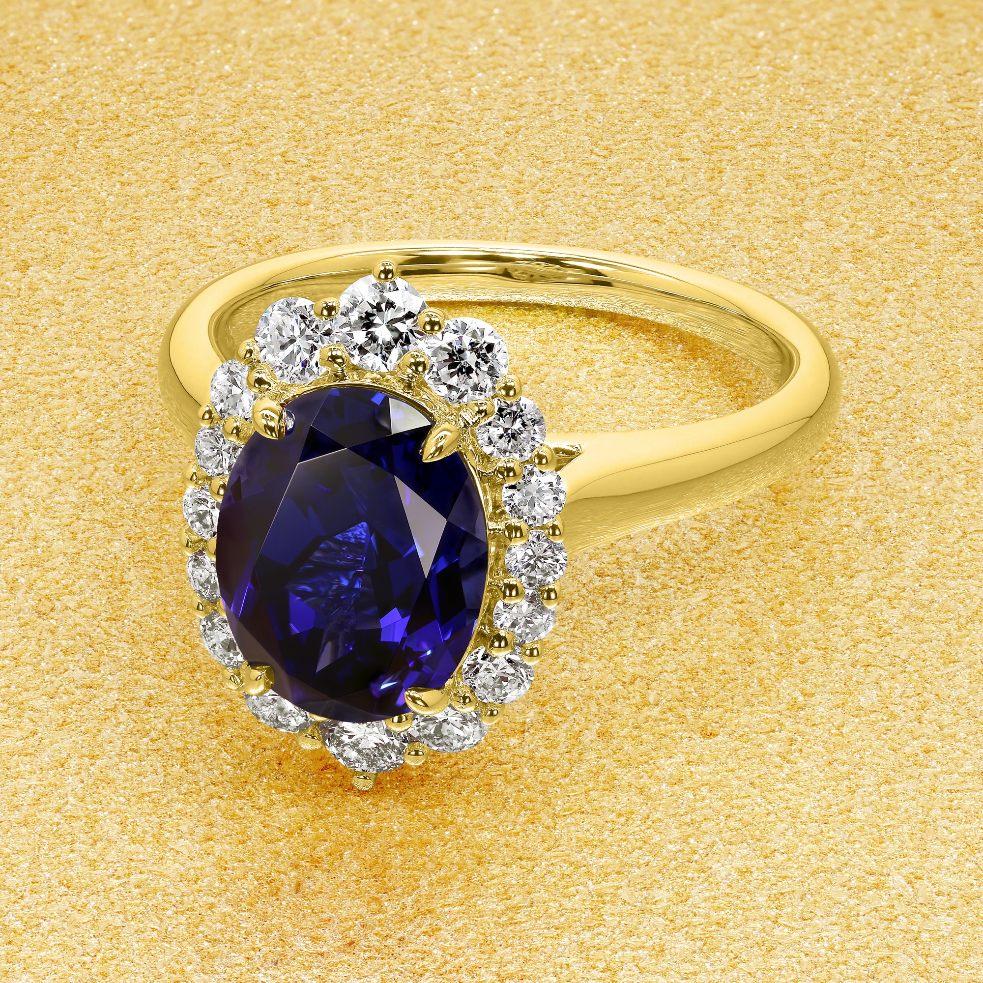 Gloria 2ct Lab-grown Oval-cut Royal Blue Sapphire Halo Cathedral Engagement ring in 14K Gold, 18K Gold, or Platinum by Earthena Jewelry of Beverly Hills.