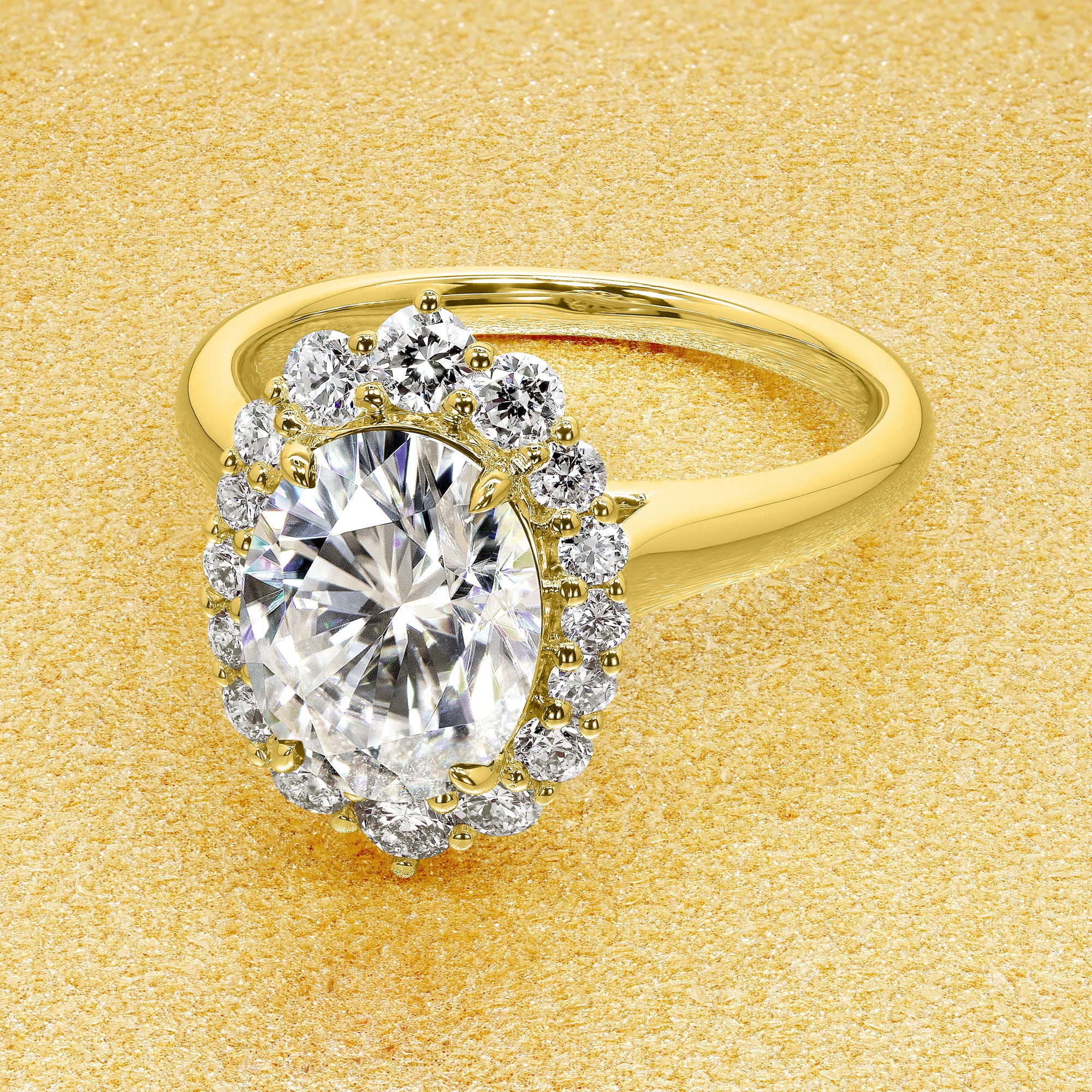 Gloria 2ct Oval-cut Moissanite Halo Cathedral Engagement ring in 14K Gold, 18K Gold, or Platinum by Earthena Jewelry of Beverly Hills.