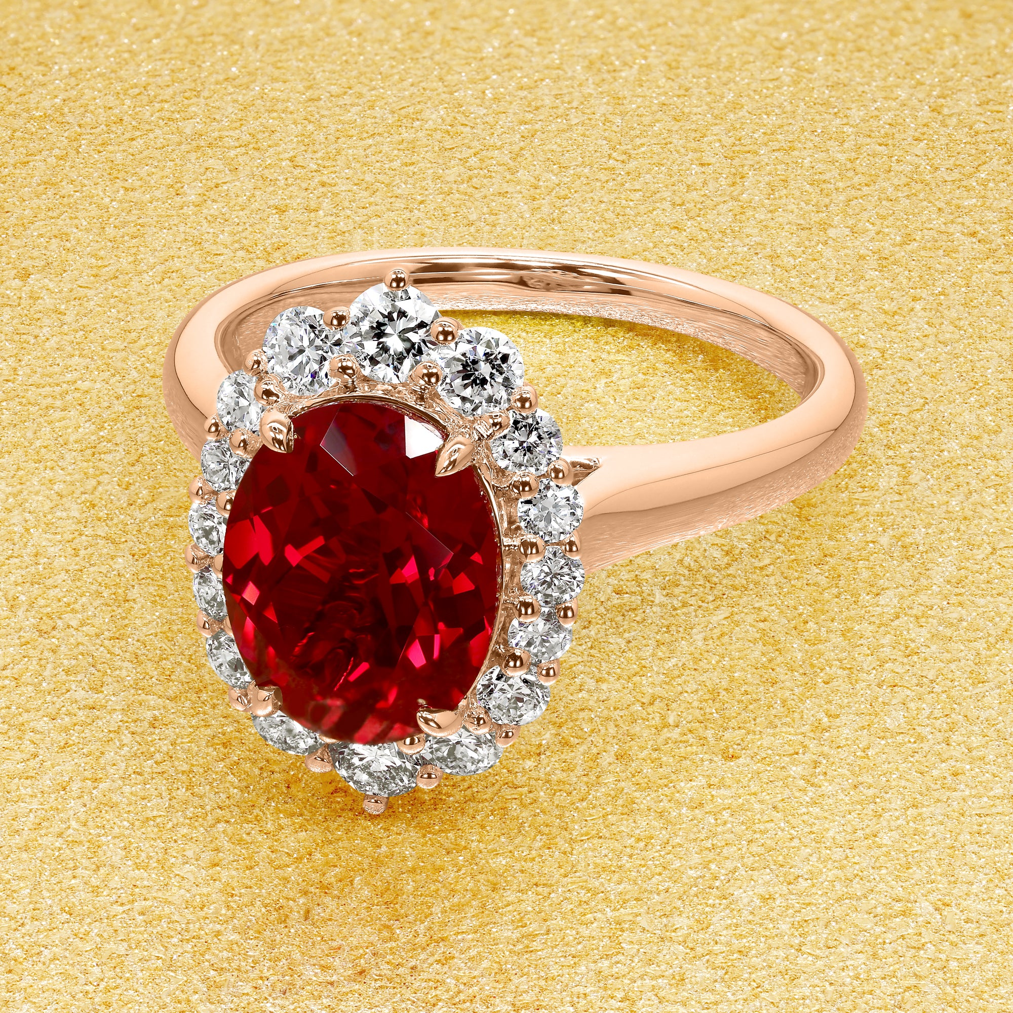 Gloria 2ct Oval Lab-Grown Ruby Halo Cathedral Engagement Ring in 14K Gold, 18K Gold, or Platinum by Earthena Jewelry of Beverly Hills.
