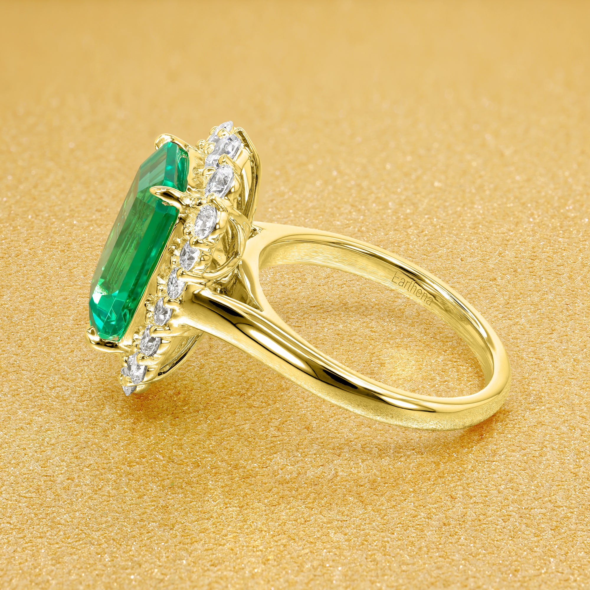 Gloria 3.5ct Emerald-Cut Lab-Grown Colombian Green Emerald Halo Cathedral Engagement Ring in 14K Gold, 18K Gold, or Platinum by Earthena Jewelry of Beverly Hills.