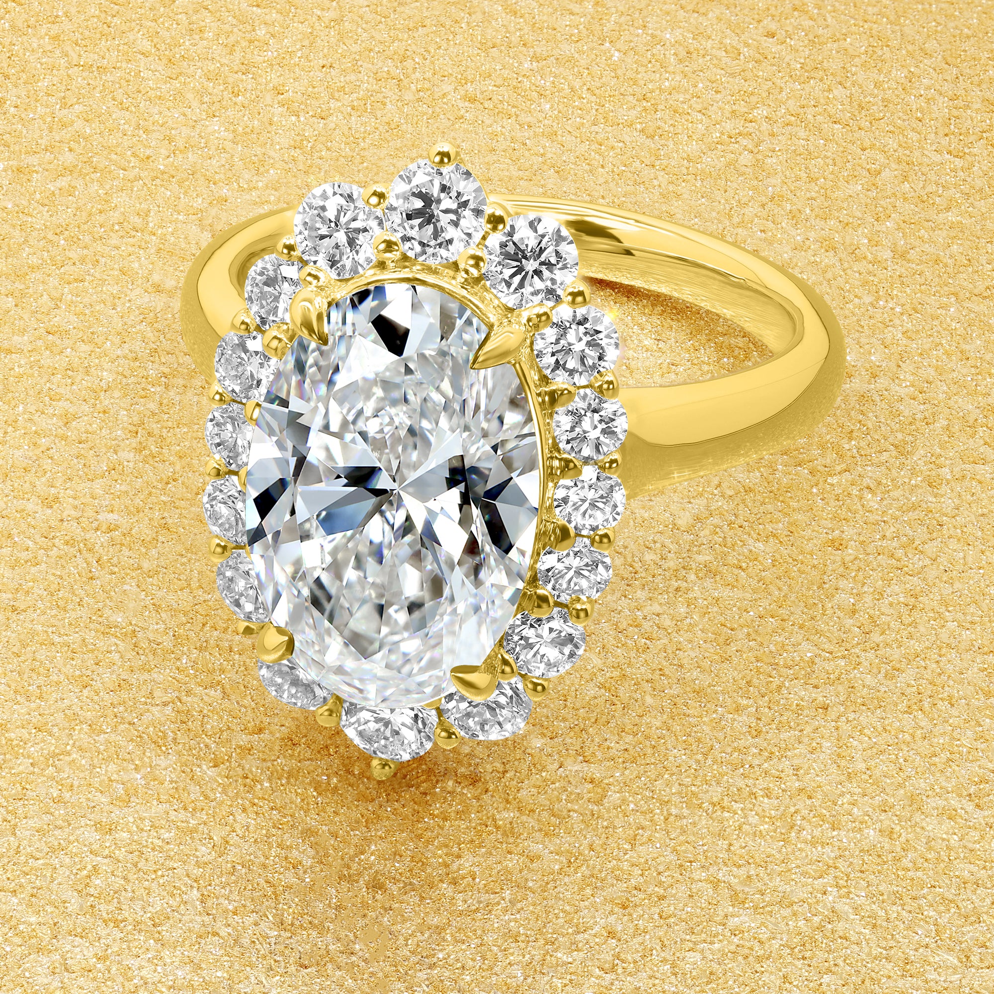 Gloria 3ct Oval-Cut Lab-Grown Diamond Halo Cathedral Engagement Ring in 14K Gold, 18K Gold, or Platinum by Earthena Jewelry of Beverly HIlls.