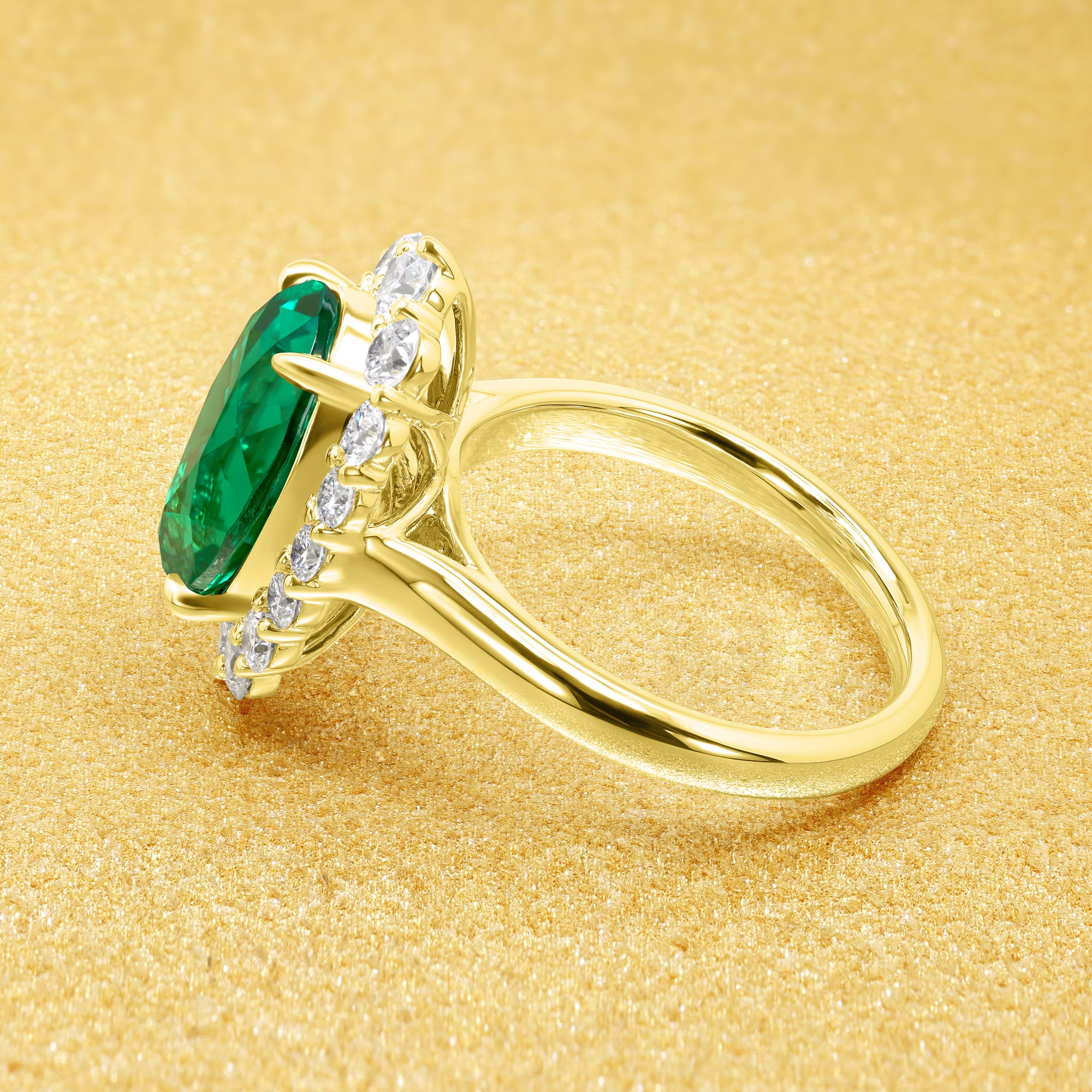 Gloria 3ct Elongated Lab-grown Oval-cut Vivid Green Emerald Halo Cathedral Engagement Ring in 14K Gold, 18K Gold, or Platinum by Earthena Jewelry of Beverly Hills.