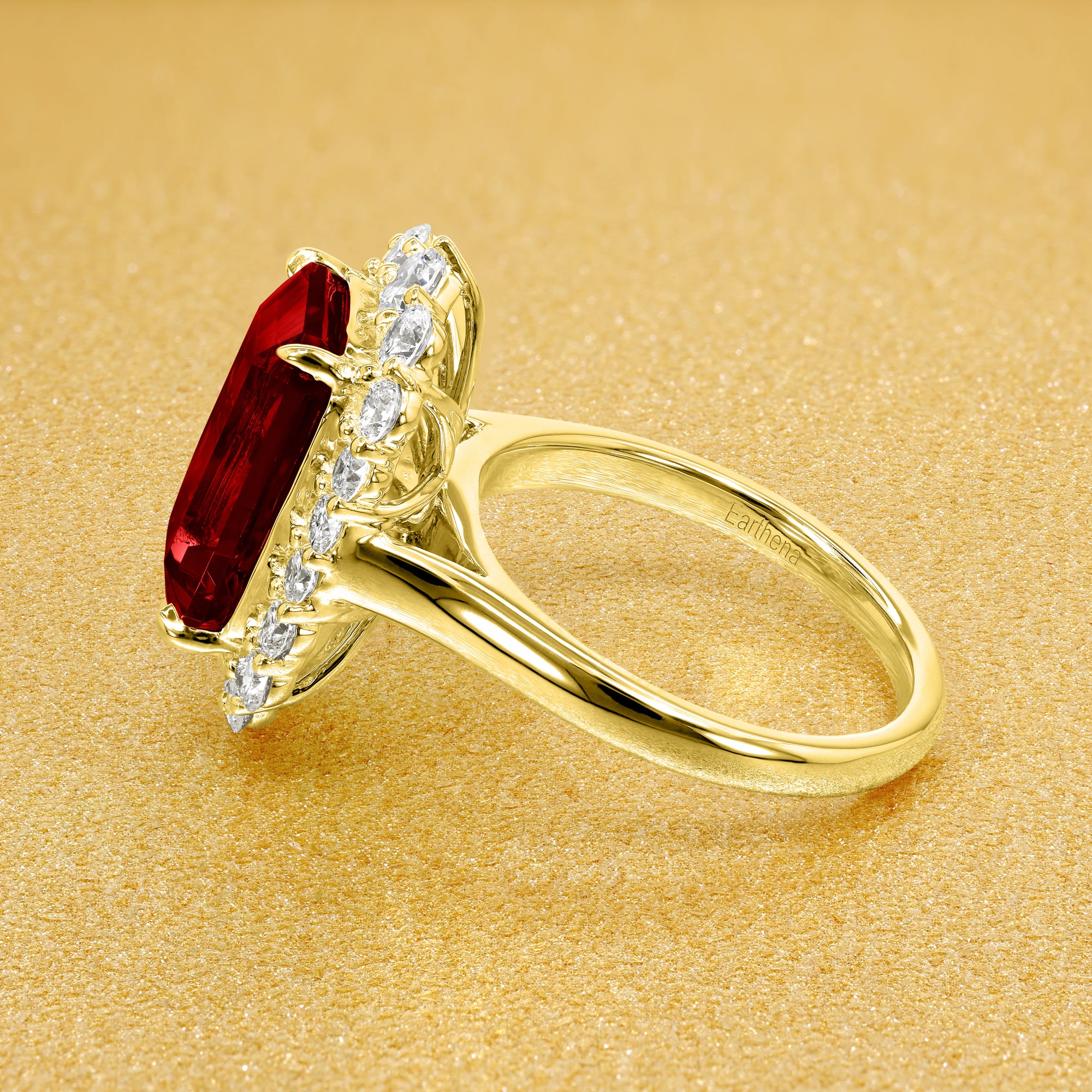 Gloria 4.5ct Emerald-Cut Lab-Grown Ruby Halo Cathedral Engagement Ring in 14K Gold, 18K Gold, or Platinum by Earthena Jewelry of Beverly Hills, California.
