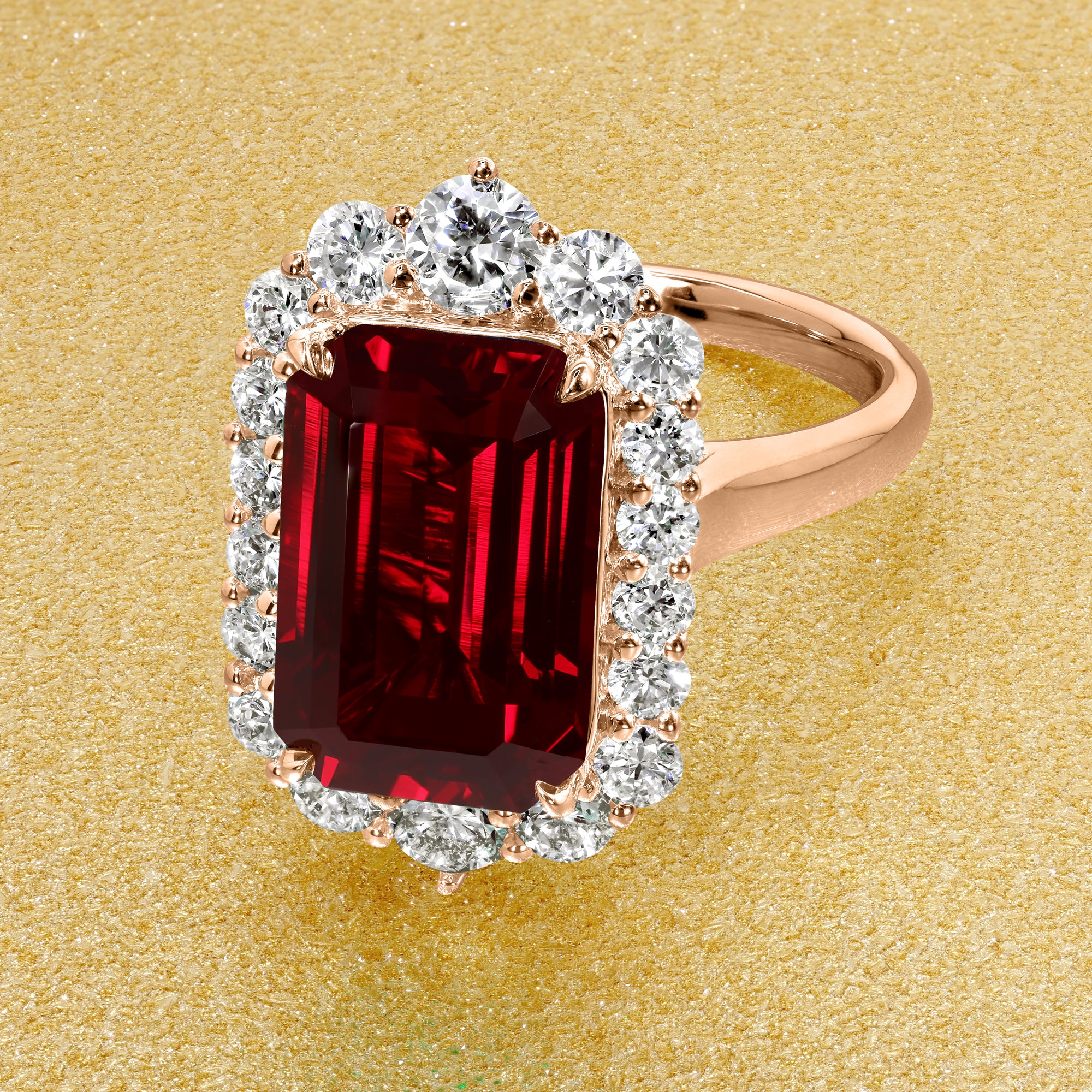 Gloria 4.5ct Emerald-Cut Lab-Grown Ruby Halo Cathedral Engagement Ring in 14K Gold, 18K Gold, or Platinum by Earthena Jewelry of Beverly Hills, California.