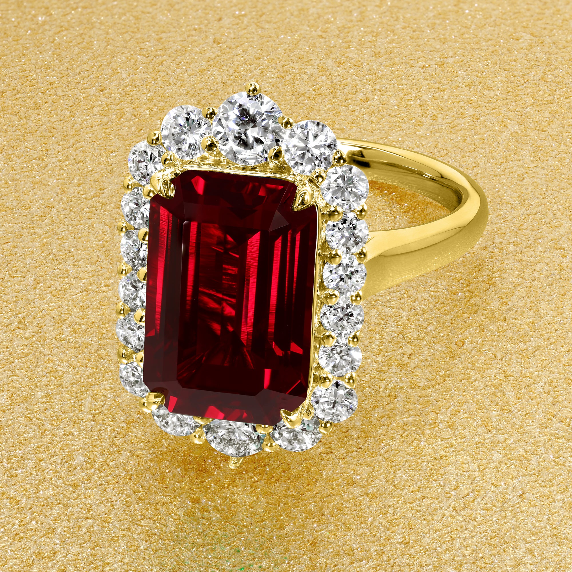 Gloria 4.5ct Emerald-Cut Lab-Grown Ruby Halo Cathedral Engagement Ring in 14K Gold, 18K Gold, or Platinum by Earthena Jewelry of Beverly Hills, California.