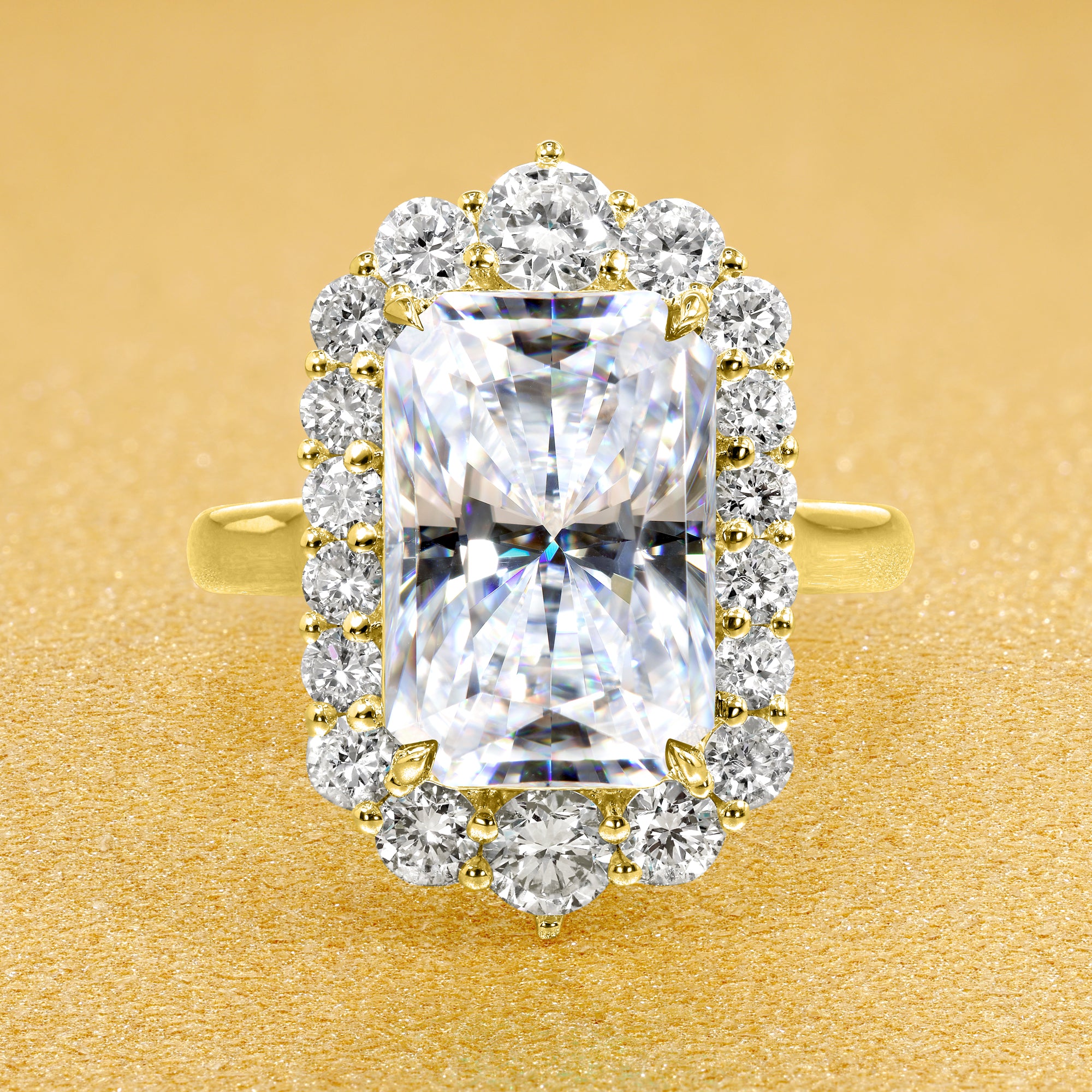 Gloria 4.5ct Elongated Radiant-cut Moissanite Halo Cathedral Engagement ring in 14K Gold, 18K Gold, or Platinum by Earthena Jewelry of Beverly Hills.